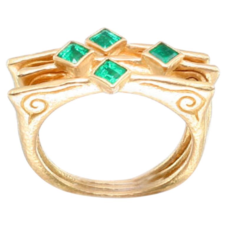 For Sale:  Triple Band Columbian Emerald 18k Gold Ring