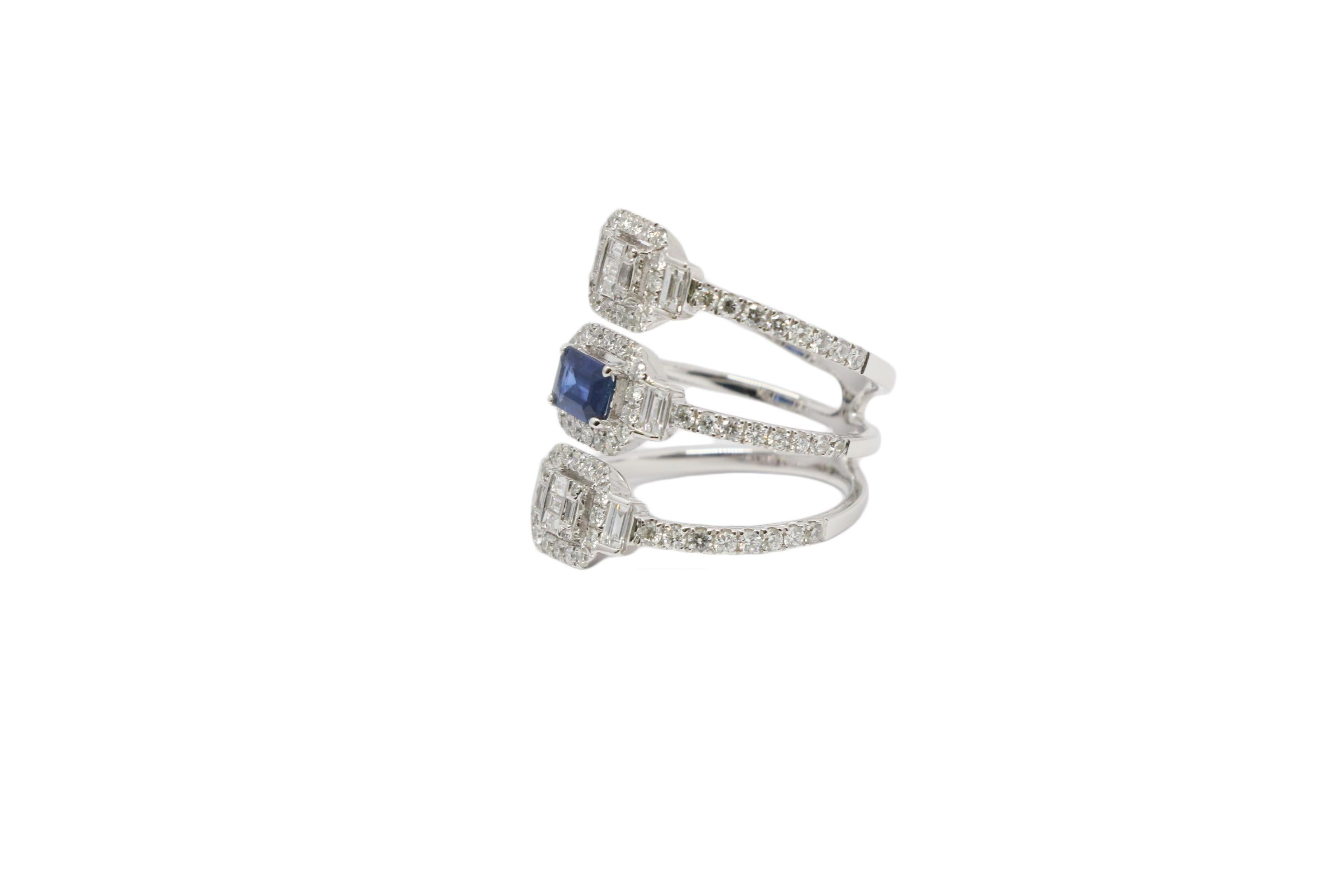 This Ring Has Three 18K White Gold Bands, It Has A Sapphire That Is 0.58 Carats And 1.64 Carats Total Weight Of Round And Baguette Diamonds. 