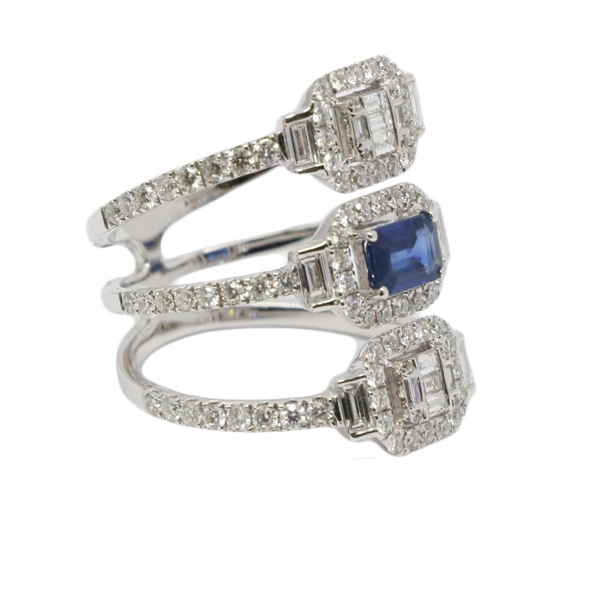 Triple Band Emerald Cut Sapphire and Diamond White Gold Ring In Excellent Condition For Sale In Naples, FL