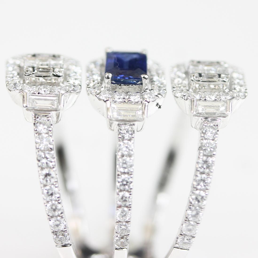 Triple Band Emerald Cut Sapphire and Diamond White Gold Ring For Sale 1