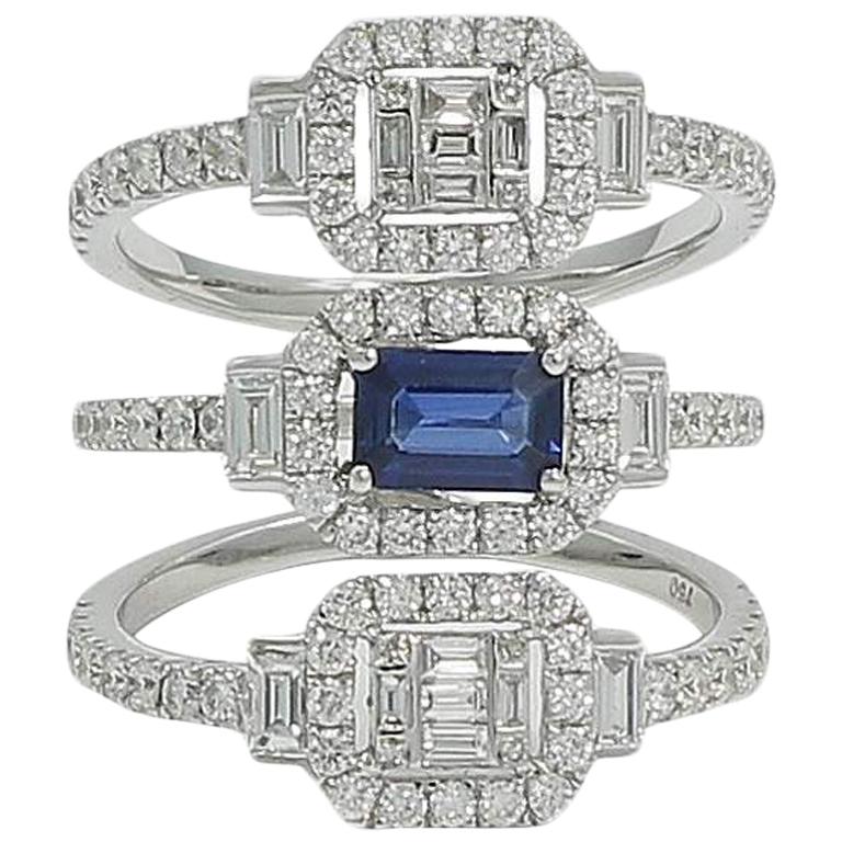 Triple Band Emerald Cut Sapphire and Diamond White Gold Ring For Sale