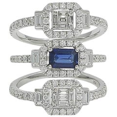 Triple Band Emerald Cut Sapphire and Diamond White Gold Ring
