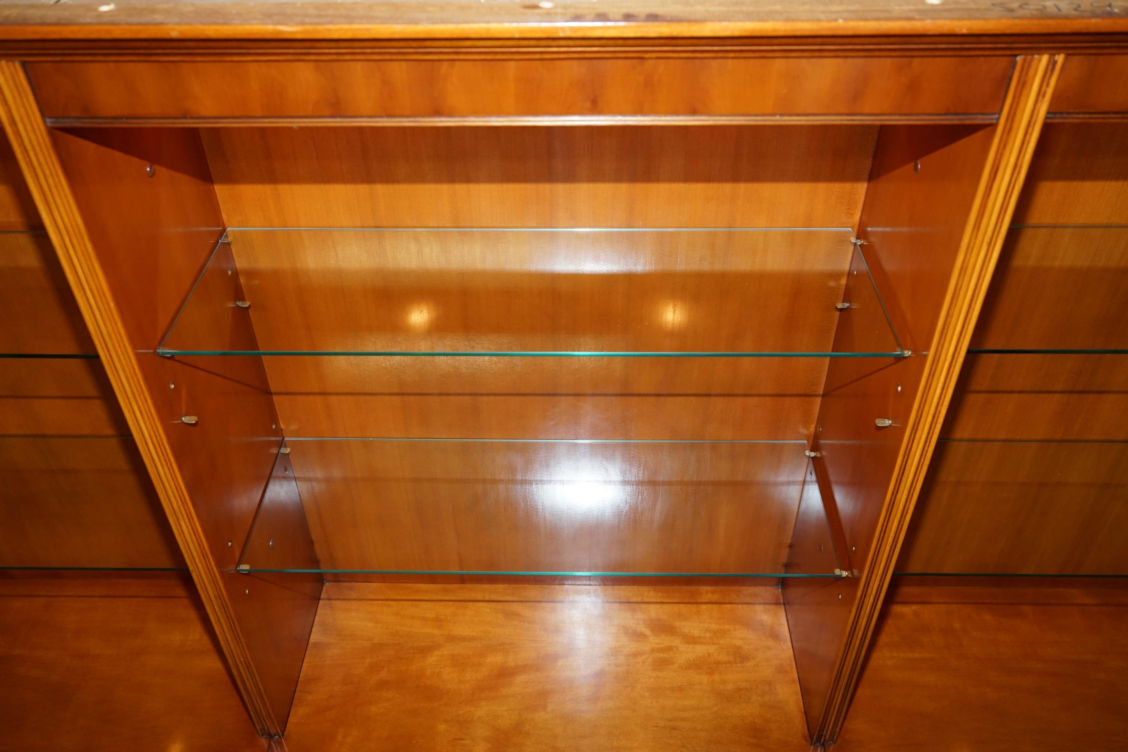 Triple Bank Bradley Furniture Burr Yew Wood Library Display Bookcase with Lights 2