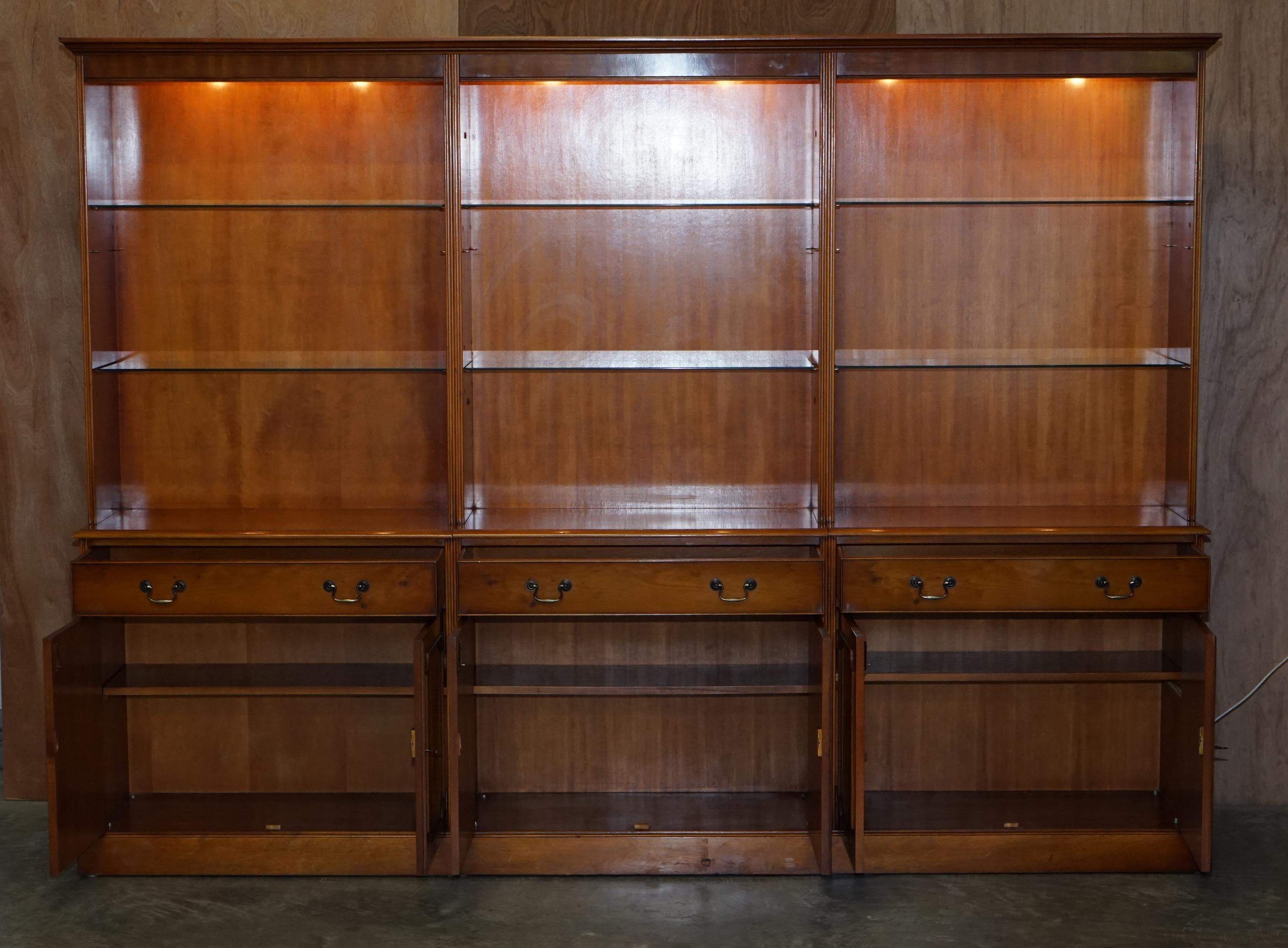 Triple Bank Bradley Furniture Burr Yew Wood Library Display Bookcase with Lights 3