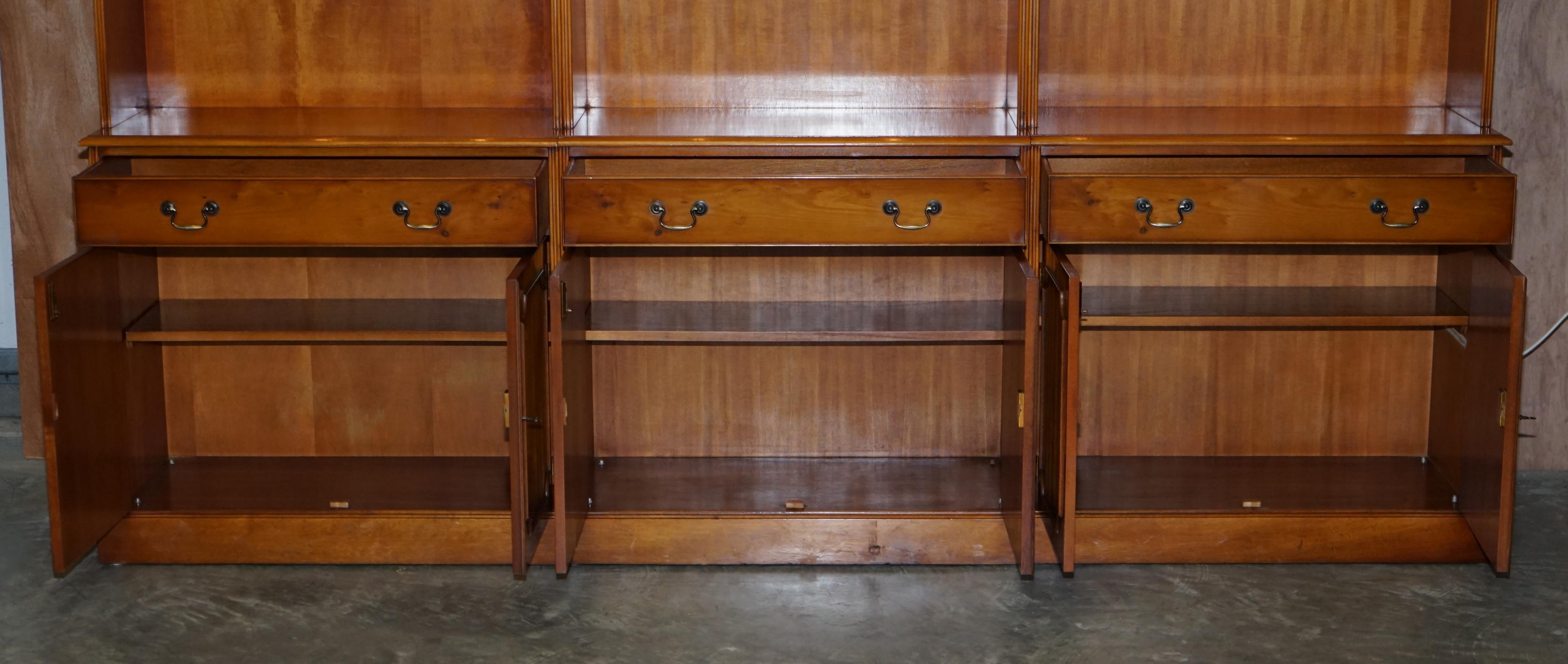 Triple Bank Bradley Furniture Burr Yew Wood Library Display Bookcase with Lights 4