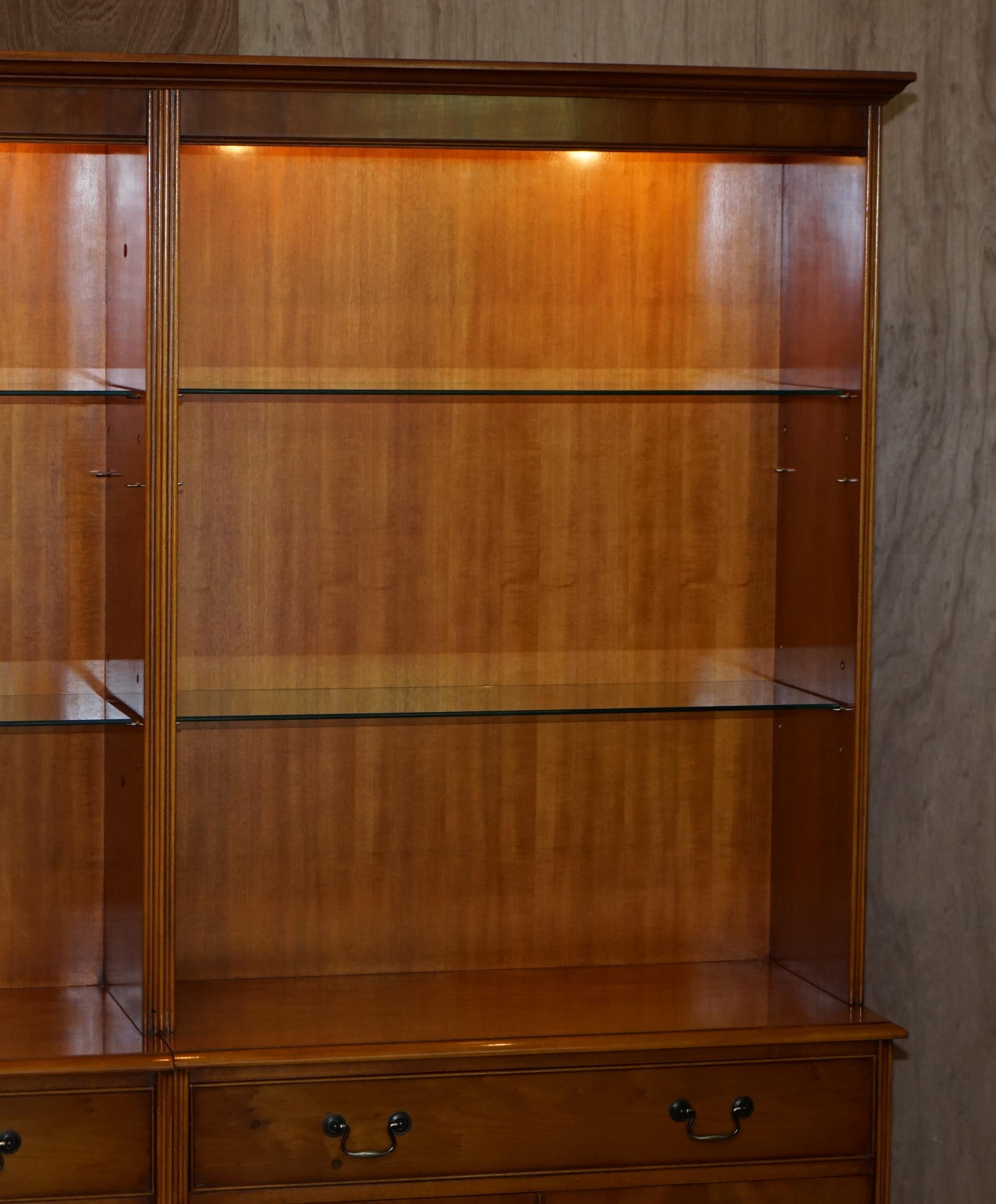 Art Deco Triple Bank Bradley Furniture Burr Yew Wood Library Display Bookcase with Lights