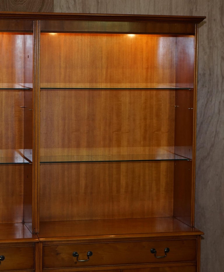 English Triple Bank Bradley Furniture Burr Yew Wood Library Display Bookcase with Lights For Sale