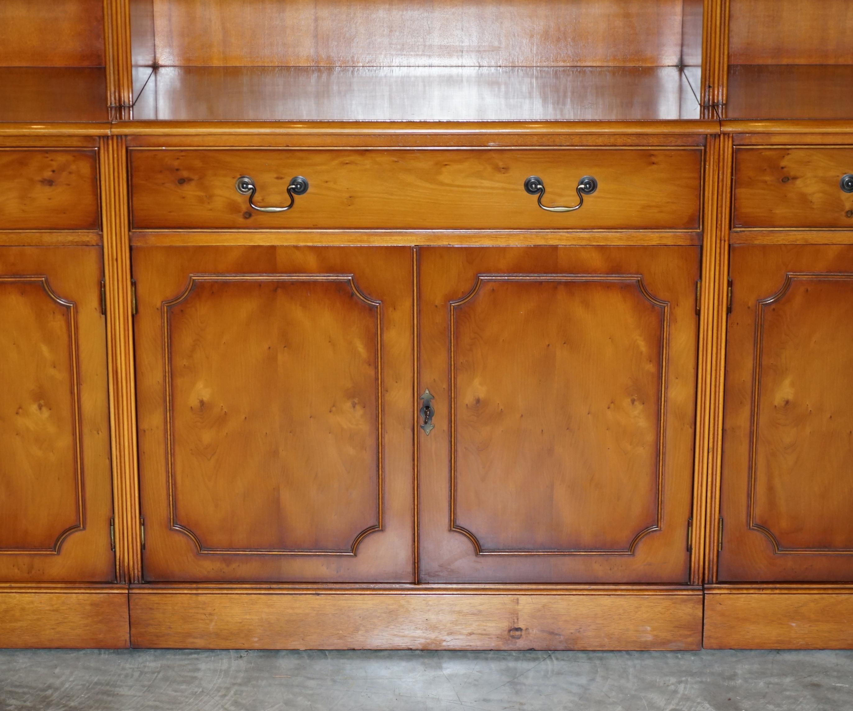 Hand-Crafted Triple Bank Bradley Furniture Burr Yew Wood Library Display Bookcase with Lights