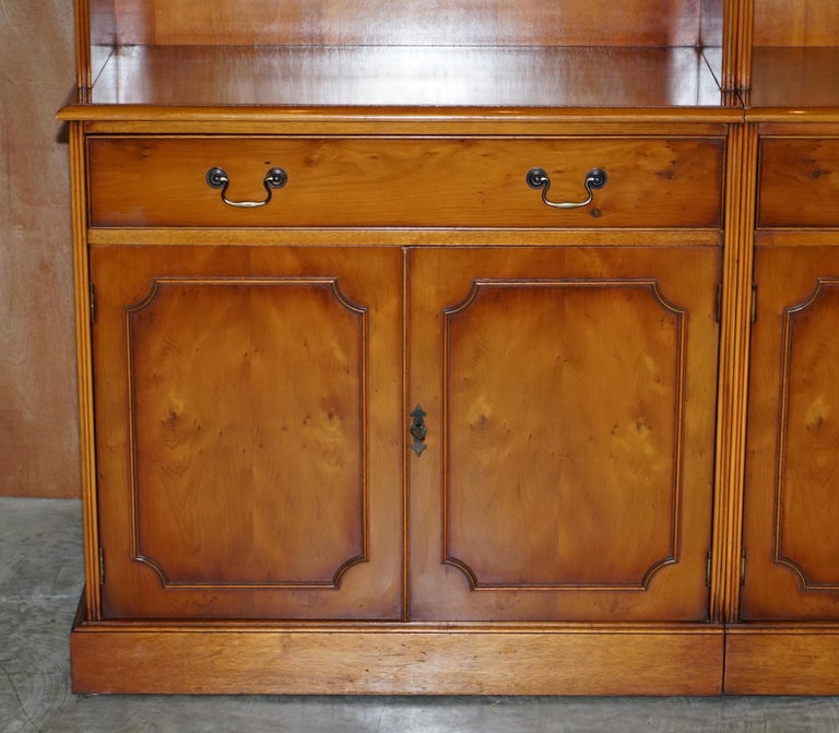 20th Century Triple Bank Bradley Furniture Burr Yew Wood Library Display Bookcase with Lights For Sale