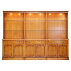 Triple Bank Bradley Furniture Burr Yew Wood Library Display Bookcase with Lights