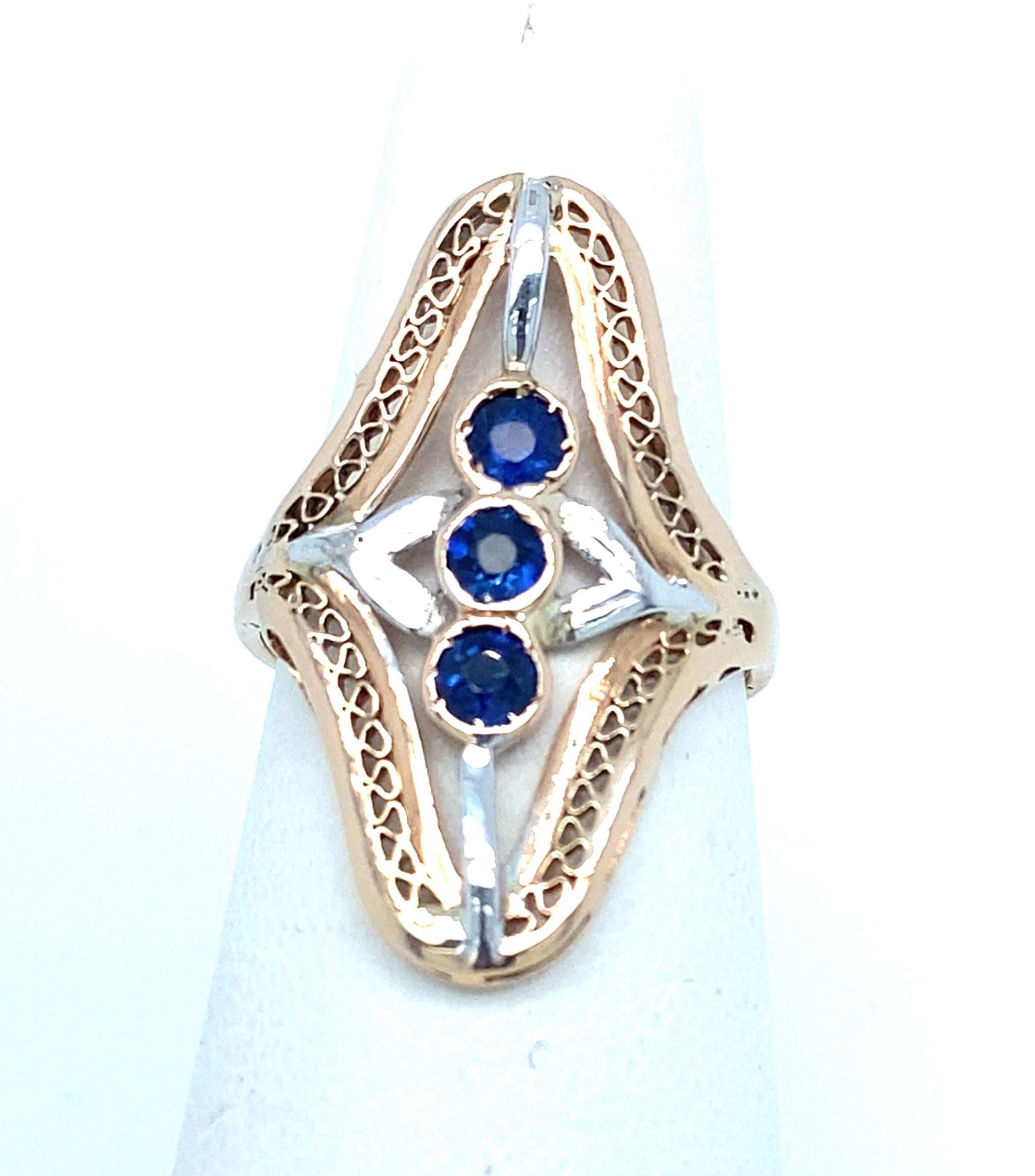 Triple Bezel Set Blue Sapphire 14 Karat Yellow/White Gold Filigree Ring 2