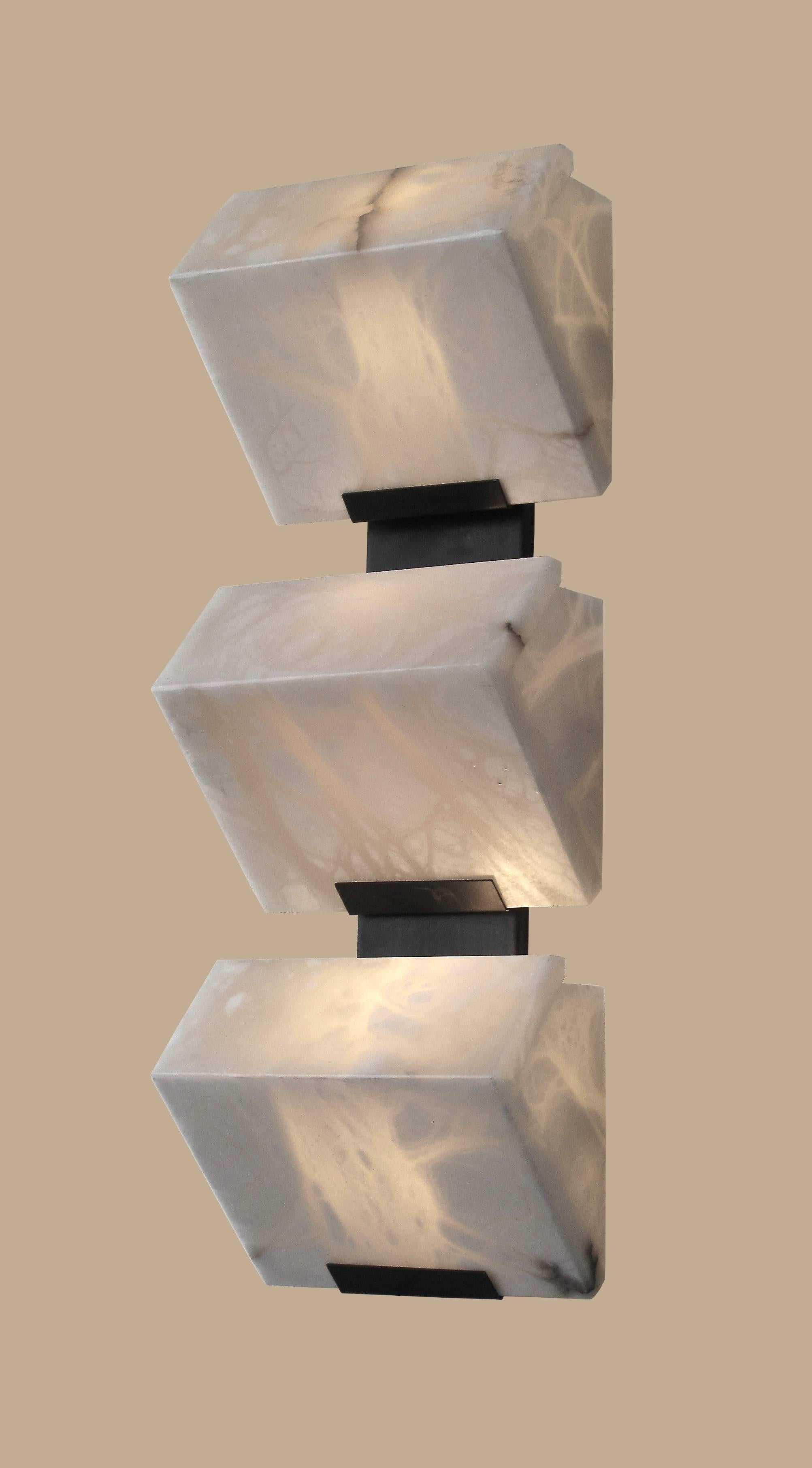 Modern 'Triple Block' Model #185 Alabaster Sconce in the Manner of Pierre Chareau For Sale