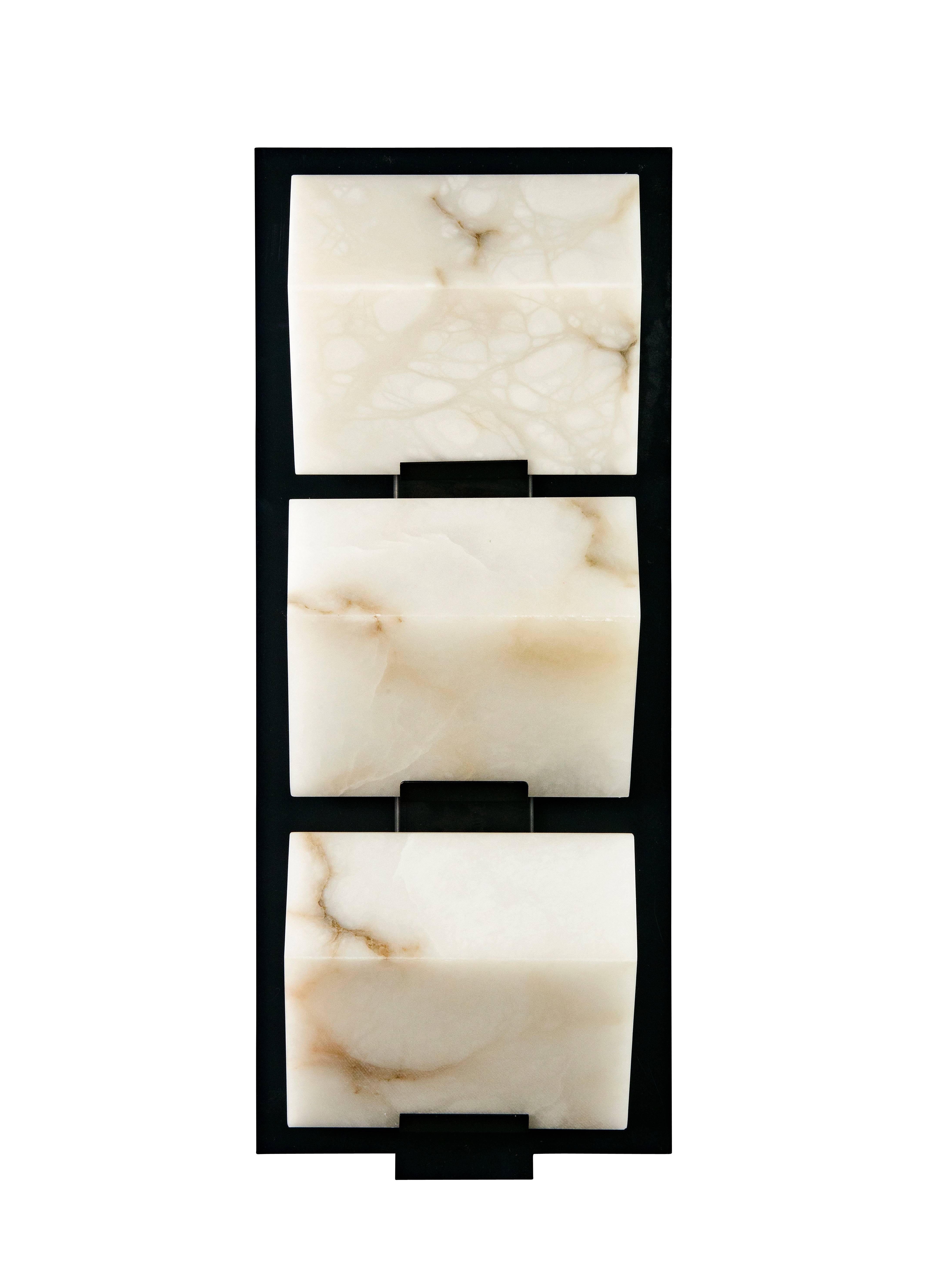 Steel 'Triple Block' Model #185 Alabaster Sconce in the Manner of Pierre Chareau For Sale