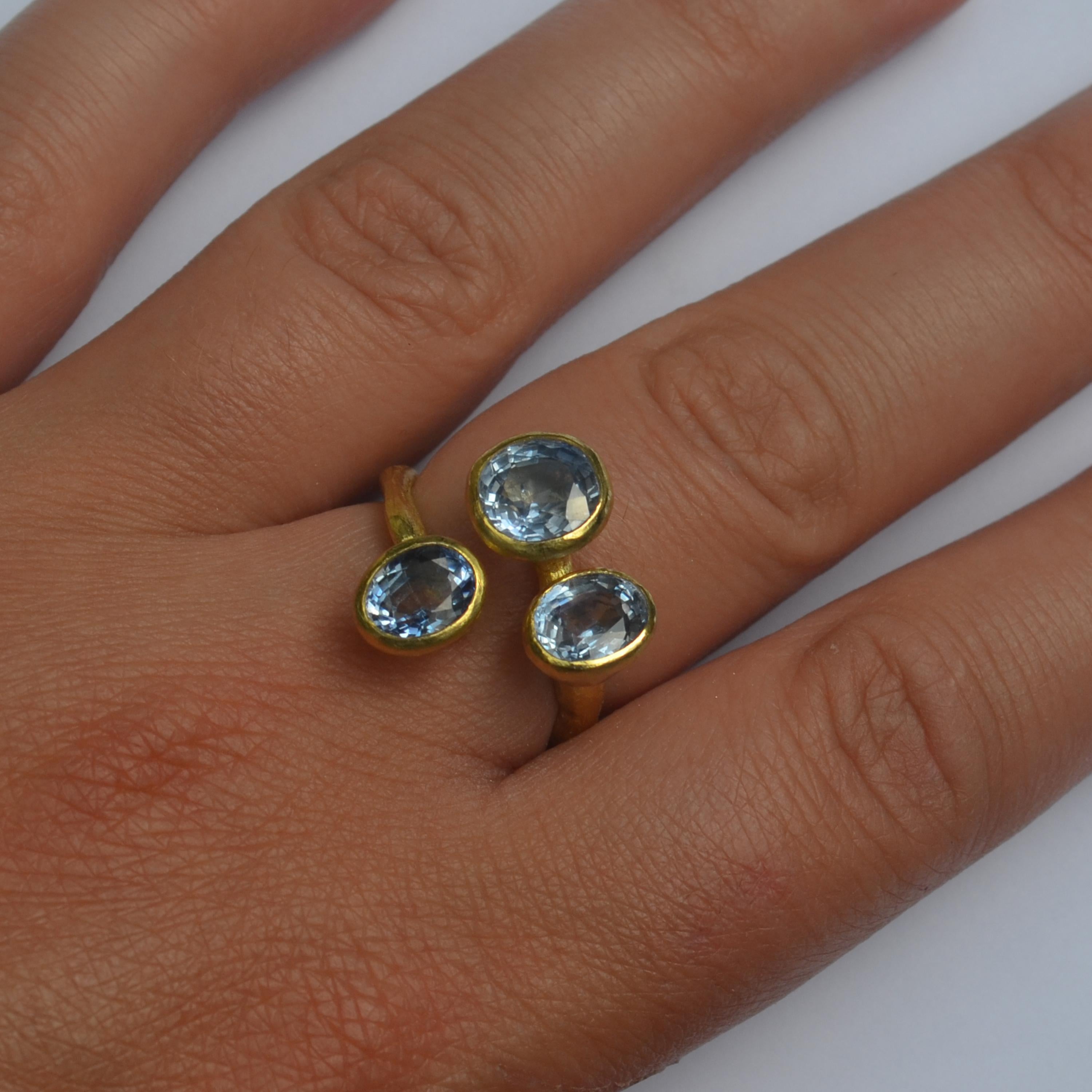 Contemporary Triple Blue Sapphire 18 Karat Gold Open Ring Handmade by Disa Allsopp