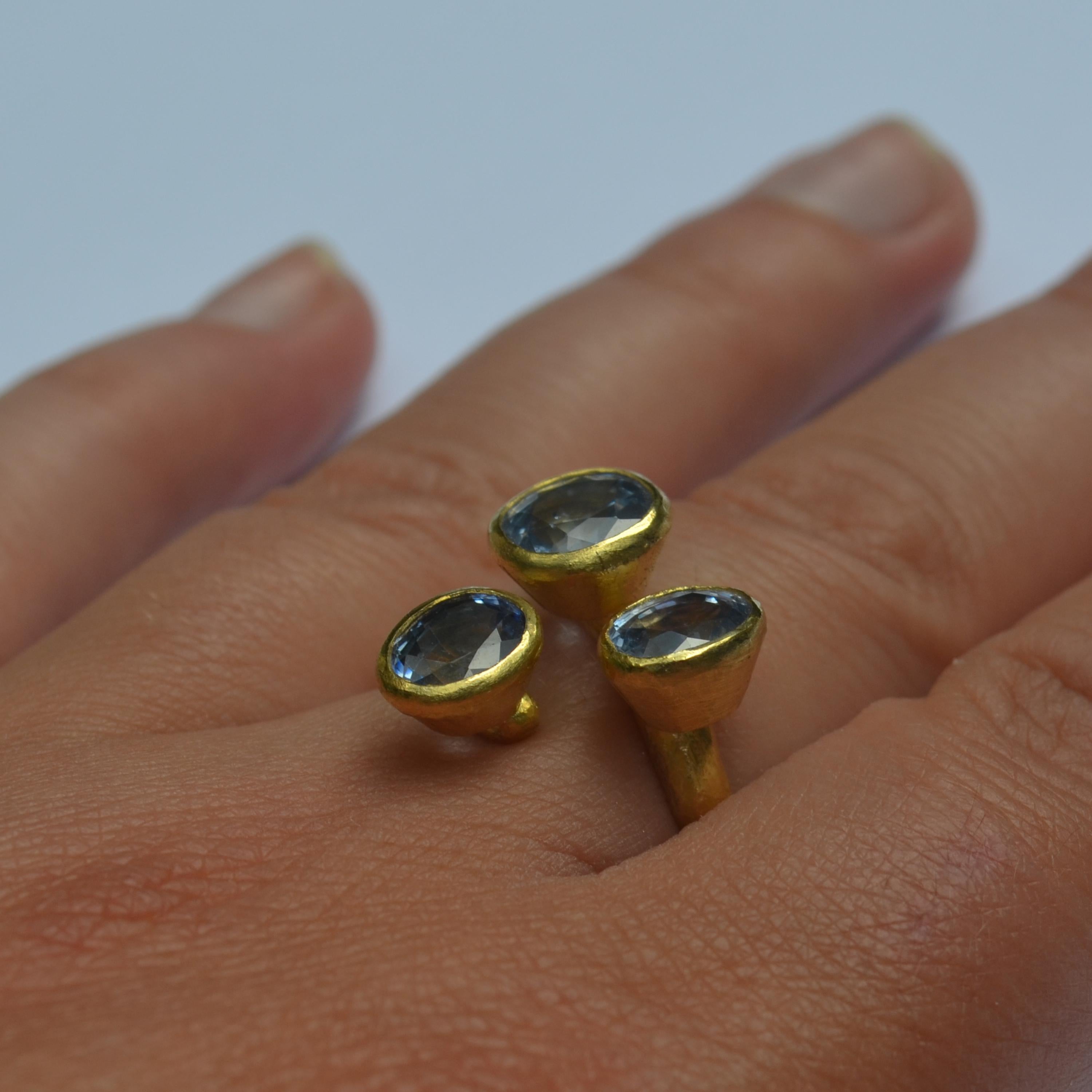 Oval Cut Triple Blue Sapphire 18 Karat Gold Open Ring Handmade by Disa Allsopp