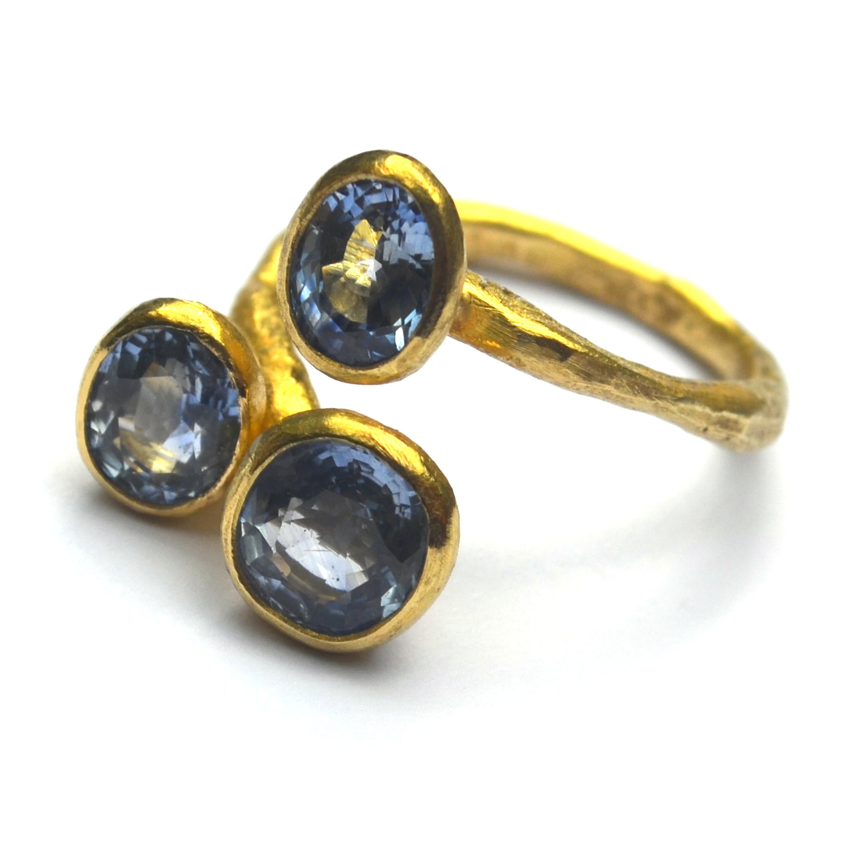 Women's or Men's Triple Blue Sapphire 18 Karat Gold Open Ring Handmade by Disa Allsopp