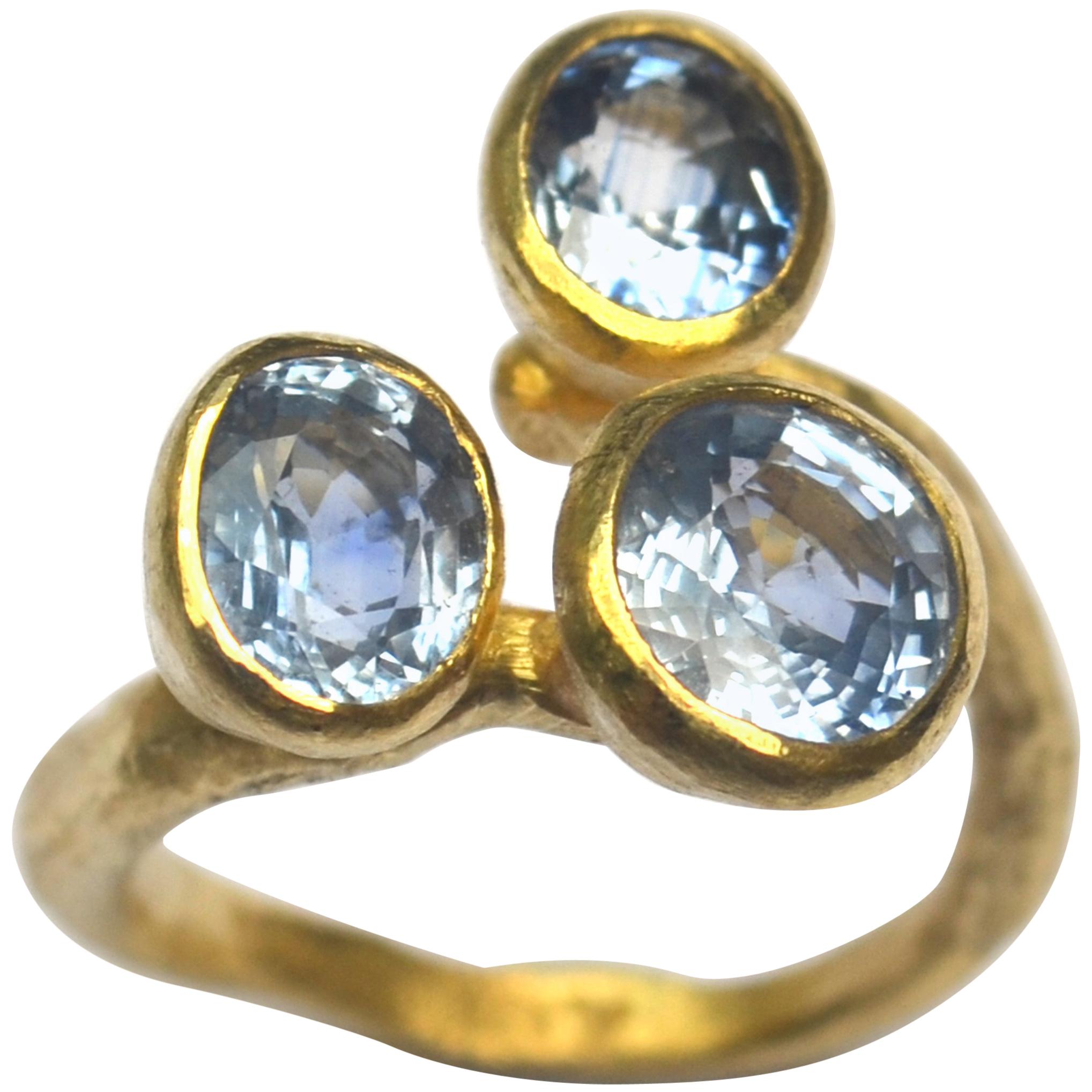 Triple Blue Sapphire 18 Karat Gold Open Ring Handmade by Disa Allsopp