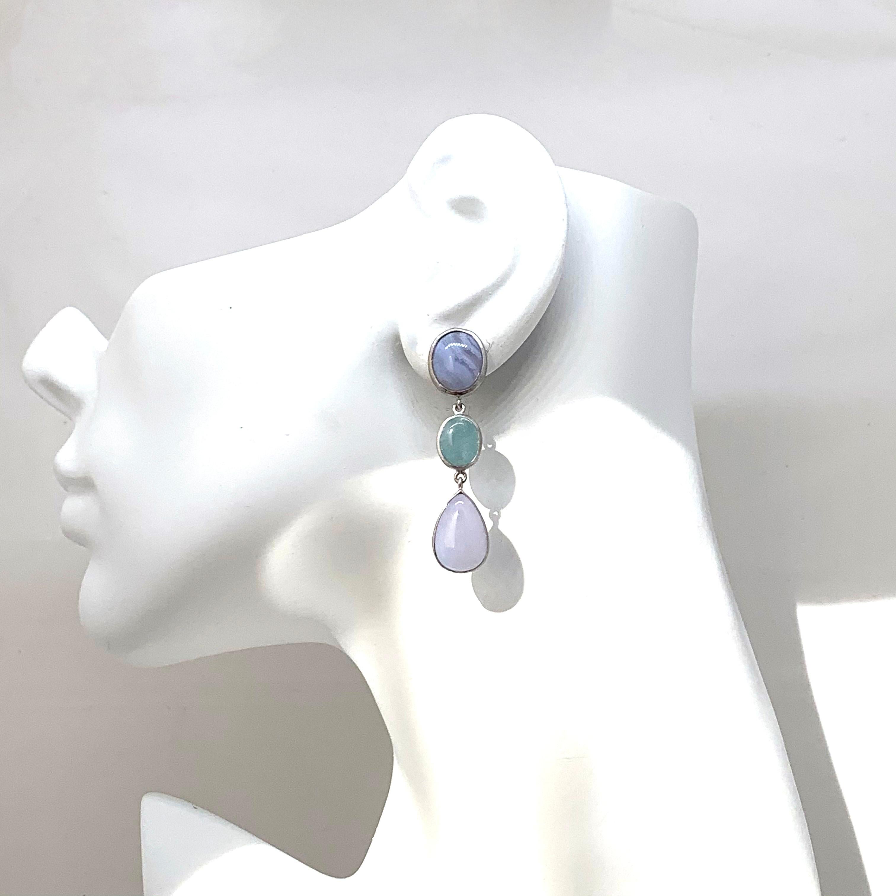 Contemporary Triple Cabochon Chalcedony and Aquamarine Dangle Sterling Silver Earrings For Sale