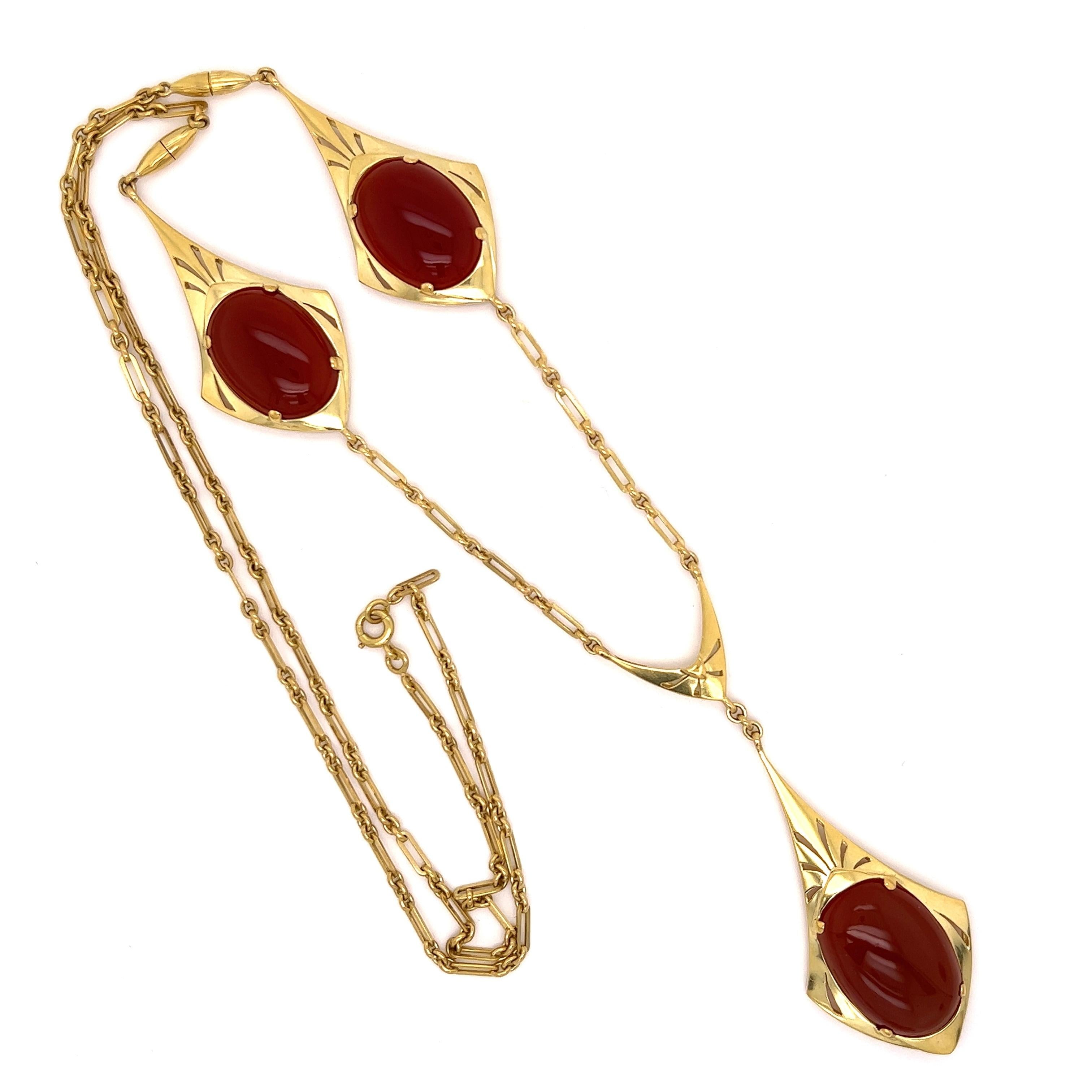 Beautiful Art Deco Triple Carnelian Drop Lavaliere Necklace. Hand set and crafted in 18K Yellow Gold. The necklace measures 28” long. More Beautiful in real time! A sure to be admired Stunning Timeless piece of fine Antique Jewelry You’ll Treasure