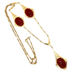 Collar Lavaliere Triple de Cornalina Art Decó con Gota de Oro