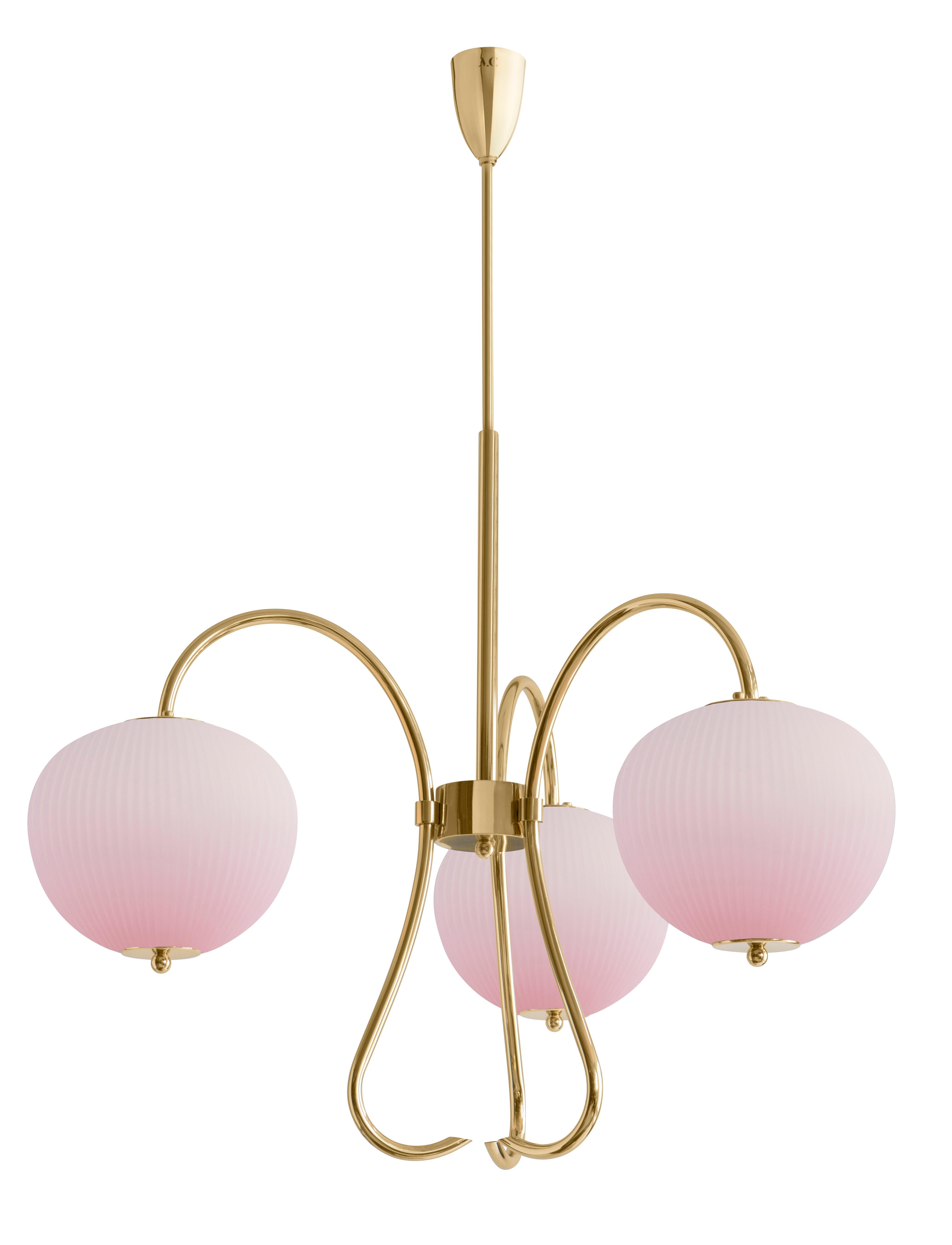 Triple chandelier China 03 by Magic Circus Editions
Dimensions: H 120 x W 81.5 x D 26.2 cm
Materials: Brass, mouth blown glass sculpted with a diamond saw
Colour: soft rose

Available finishes: Brass, nickel
Available colours: enamel soft