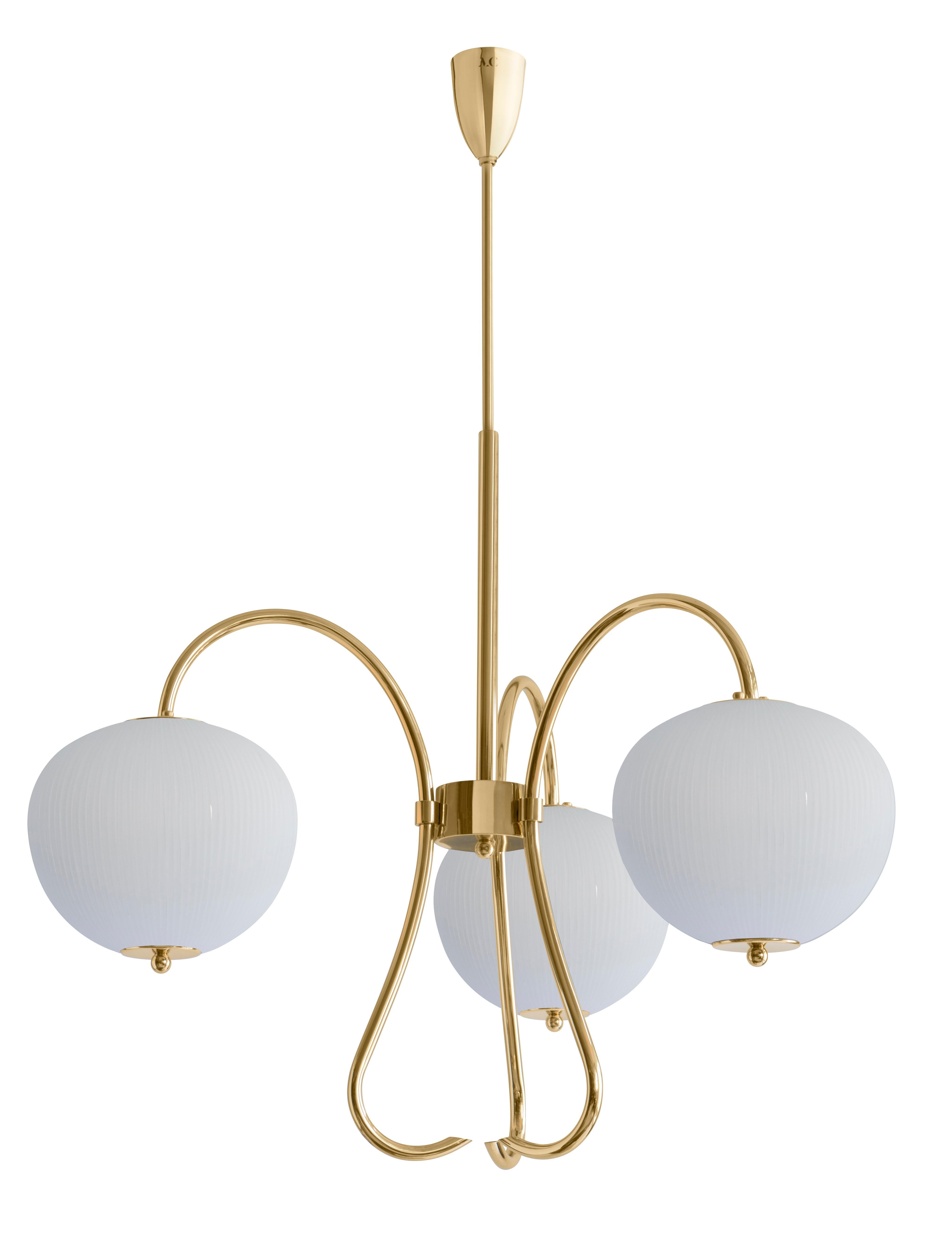 Triple chandelier china 03 by Magic Circus Editions.
Dimensions: H 120 x W 81.5 x D 26.2 cm.
Materials: brass, mouth blown glass sculpted with a diamond saw.
Colour: rich grey.

Available finishes: brass, nickel.
Available colours: enamel soft