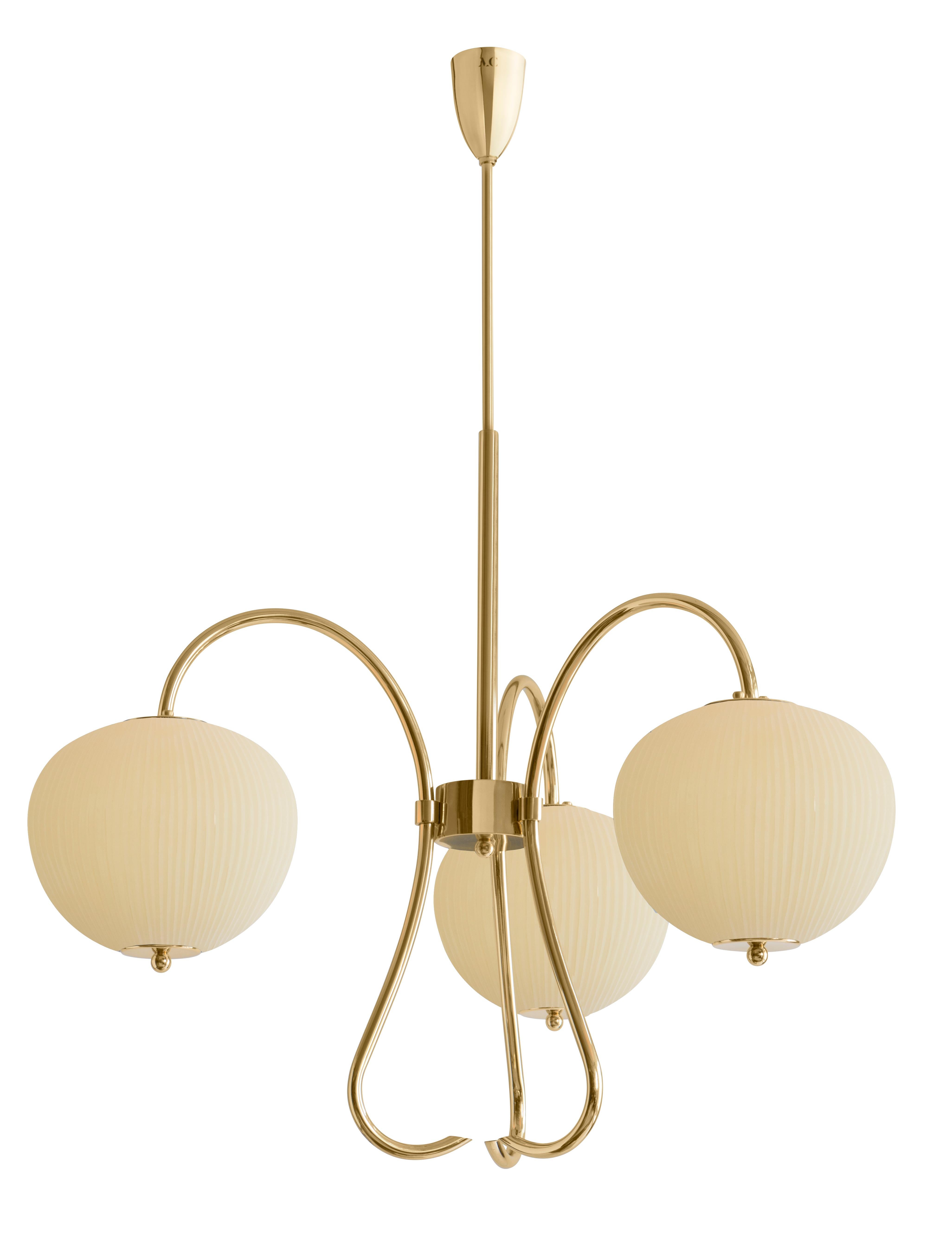 Triple chandelier China 03 by Magic Circus Editions
Dimensions: H 120 x W 81.5 x D 26.2 cm
Materials: Brass, mouth blown glass sculpted with a diamond saw
Colour: mustard

Available finishes: Brass, nickel
Available colours: enamel soft white,