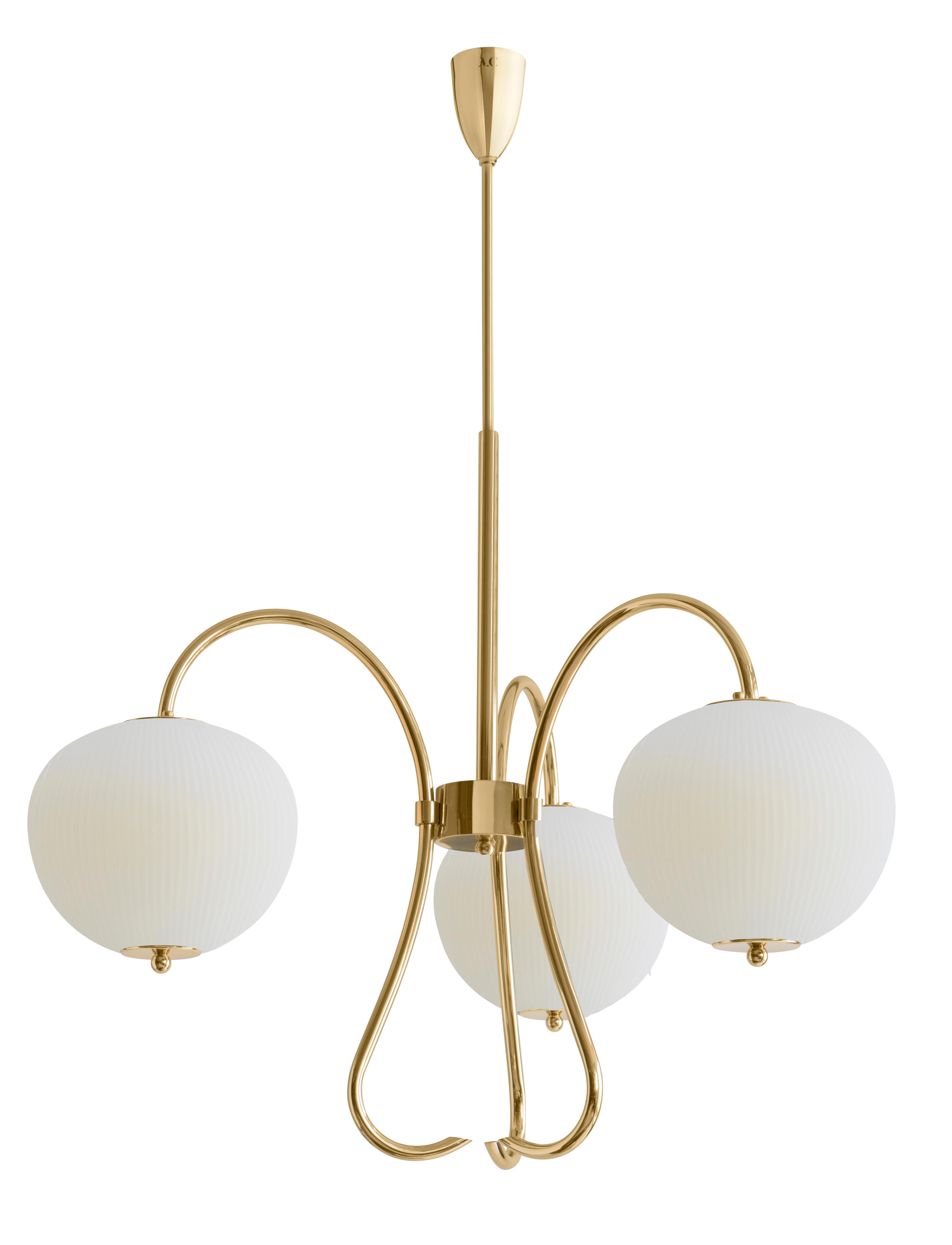 Triple chandelier China 03 by Magic Circus Editions.
Dimensions: H 120 x W 81.5 x D 26.2 cm.
Materials: brass, mouth blown glass sculpted with a diamond saw.
Colour: ivory.

Available finishes: brass, nickel.
Available colours: enamel soft