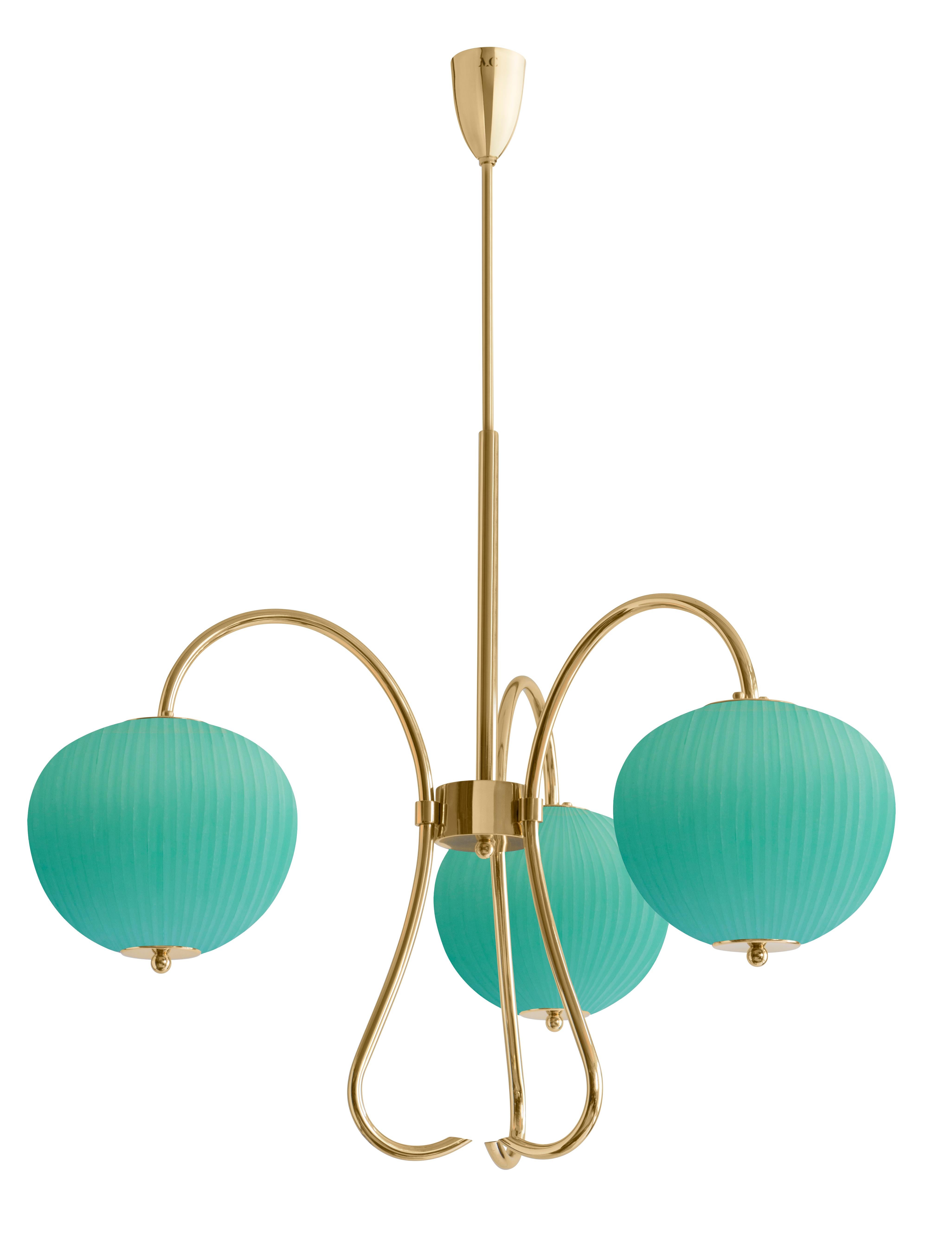 Triple chandelier China 03 by Magic Circus Editions
Dimensions: H 120 x W 81.5 x D 26.2 cm
Materials: Brass, mouth blown glass sculpted with a diamond saw
Colour: jade green

Available finishes: Brass, nickel
Available colours: enamel soft