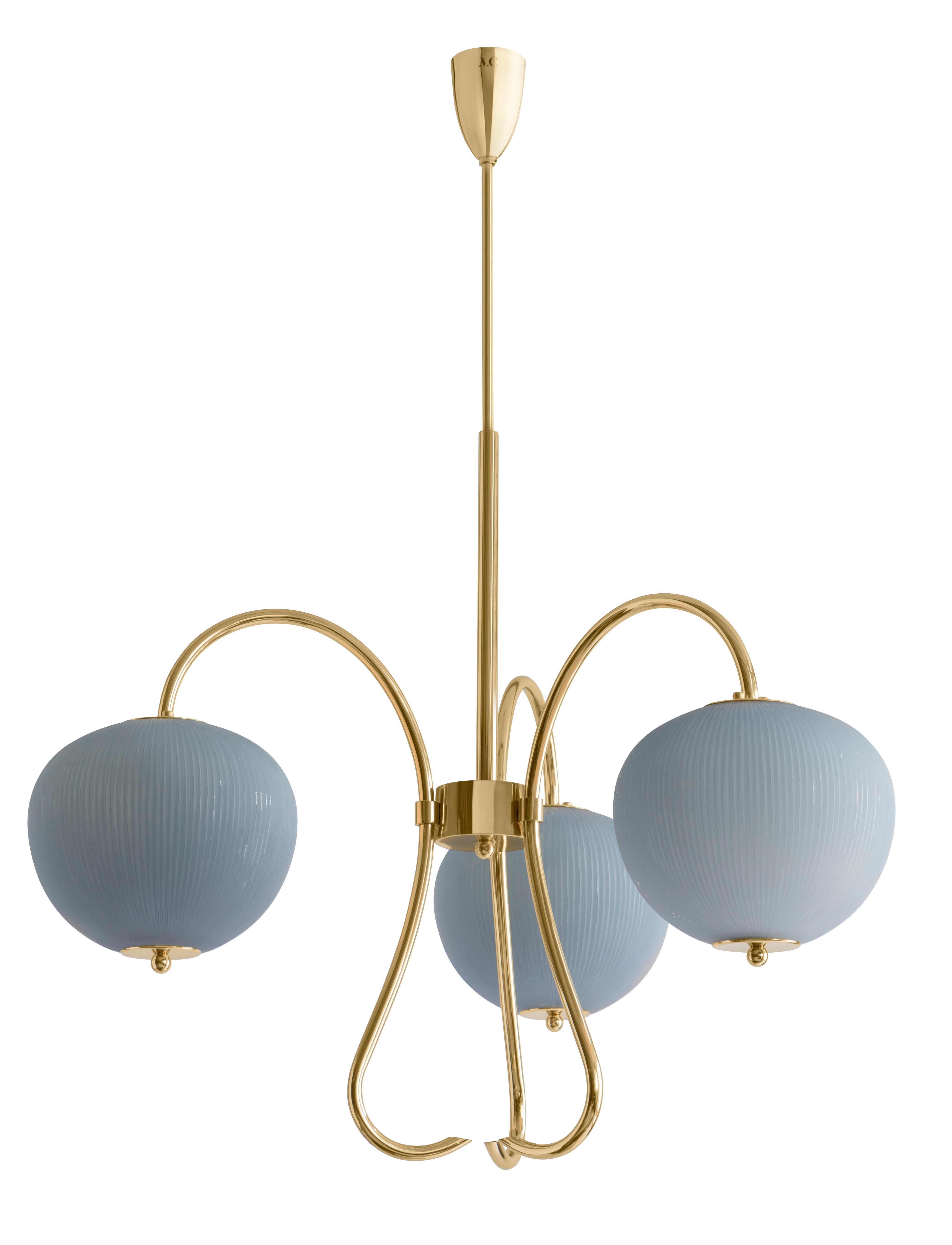 Triple chandelier China 03 by Magic Circus Editions
Dimensions: H 120 x W 81.5 x D 26.2 cm
Materials: Brass, mouth blown glass sculpted with a diamond saw
Colour: opal grey

Available finishes: Brass, nickel
Available colours: enamel soft