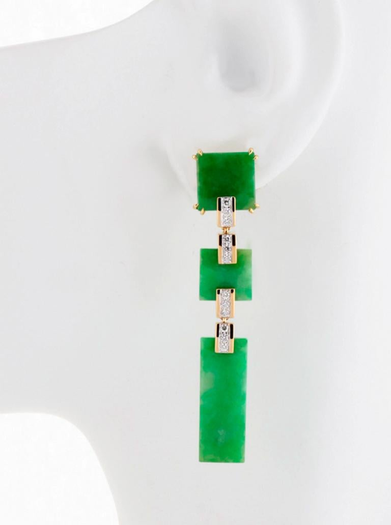 Triple Chinese Jade Earrings for pierced ears 

Two sizes of hand-cut, beveled-edge squares and a hand-cut rectangle of pale green Chinese Jade are suspended by four squares of 18k, set with twenty-four brilliant cut diamonds of DEF color and VS1