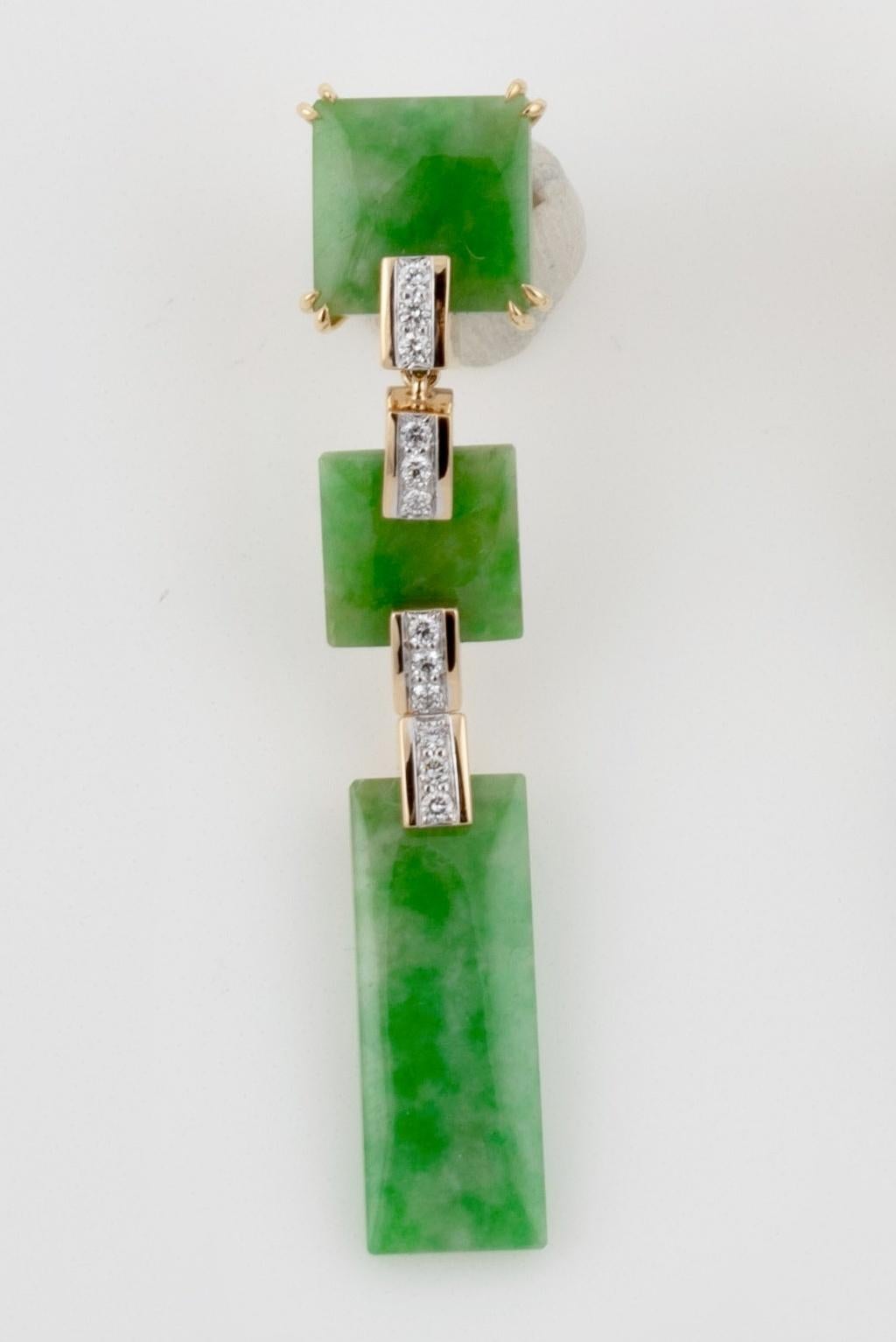 Triple Chinese Green Jade and Diamond 18 Karat Earrings by John Landrum Bryant In New Condition For Sale In New York, NY