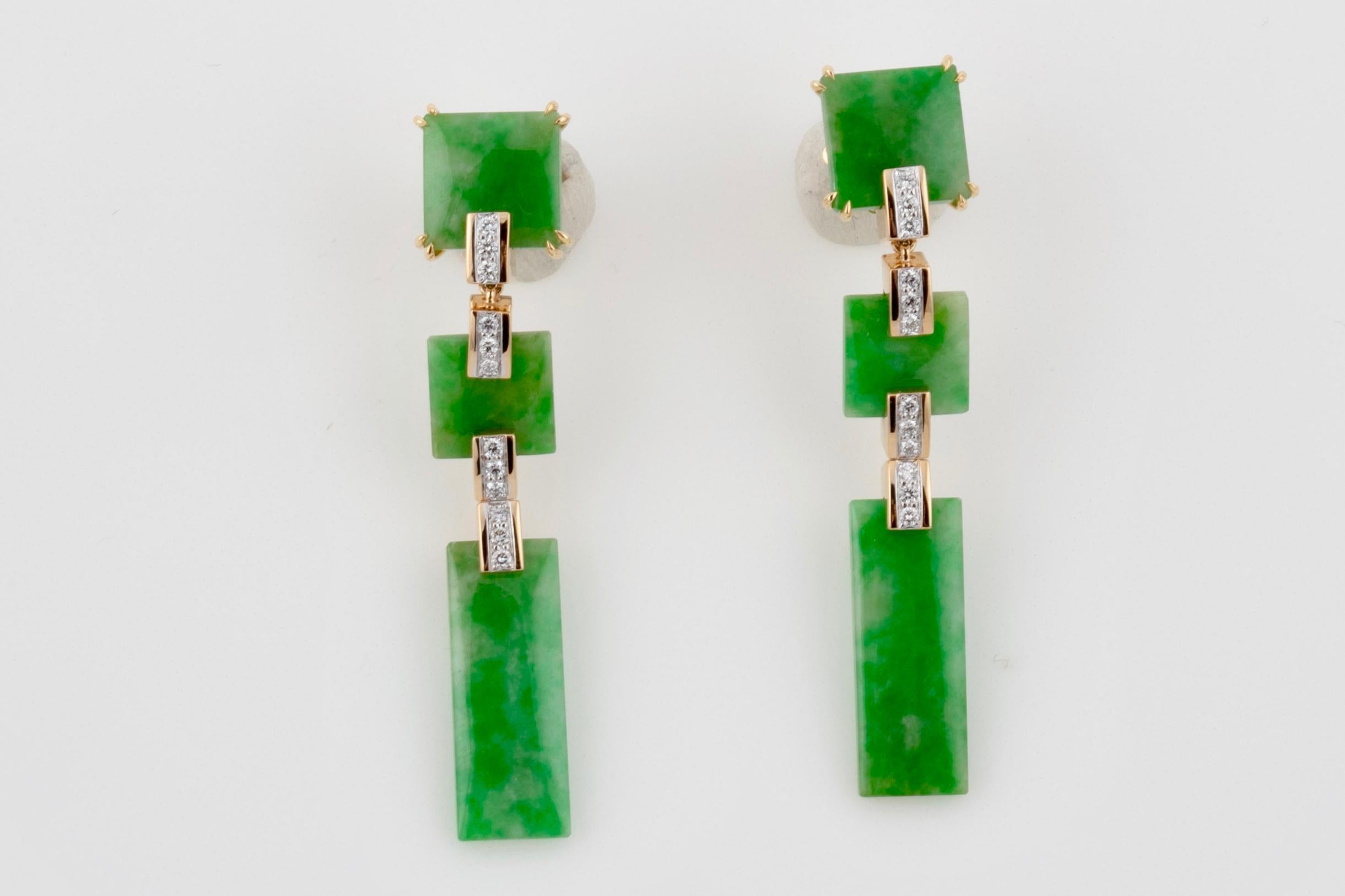 Women's Triple Chinese Green Jade and Diamond 18 Karat Earrings by John Landrum Bryant For Sale