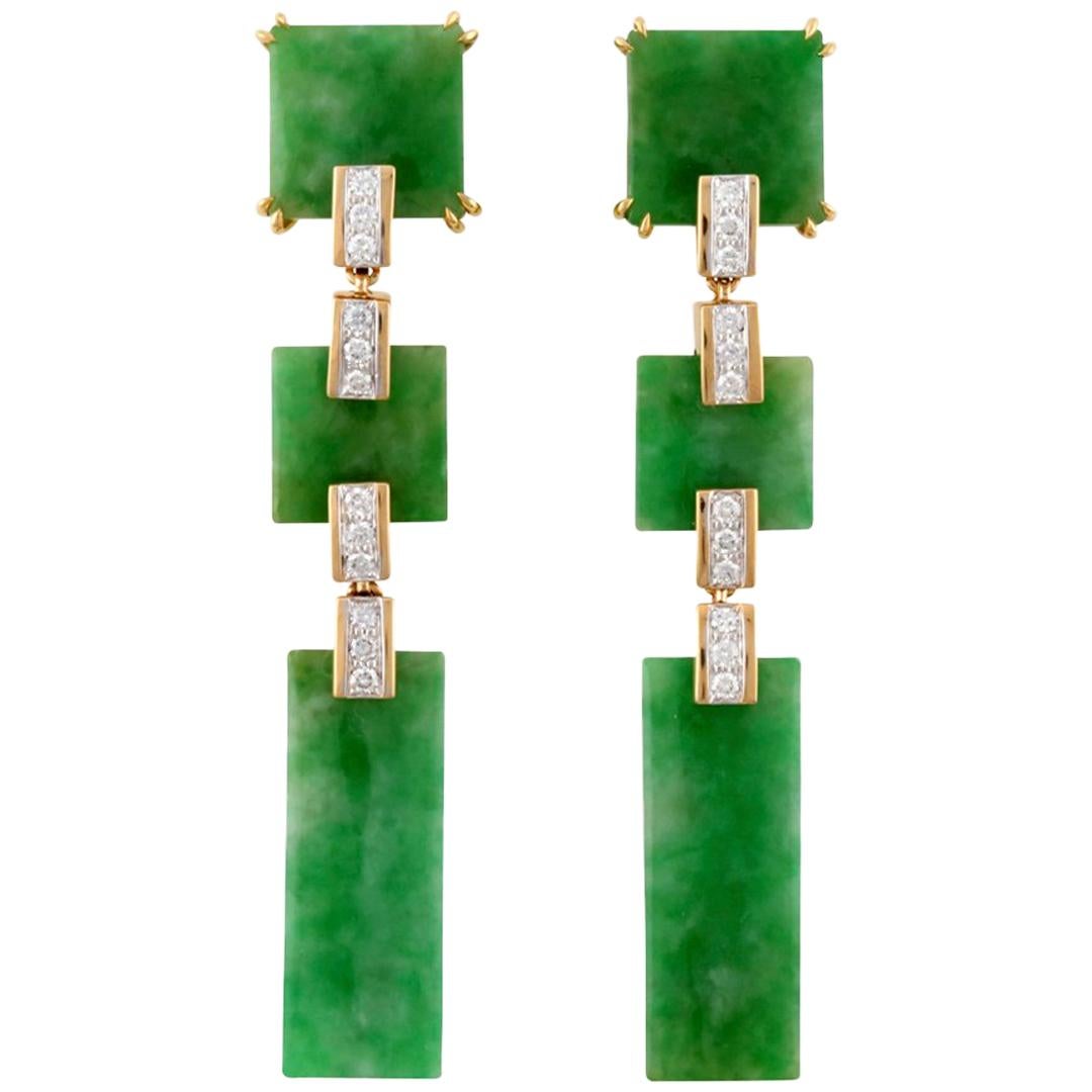 Triple Chinese Green Jade and Diamond 18 Karat Earrings by John Landrum Bryant For Sale