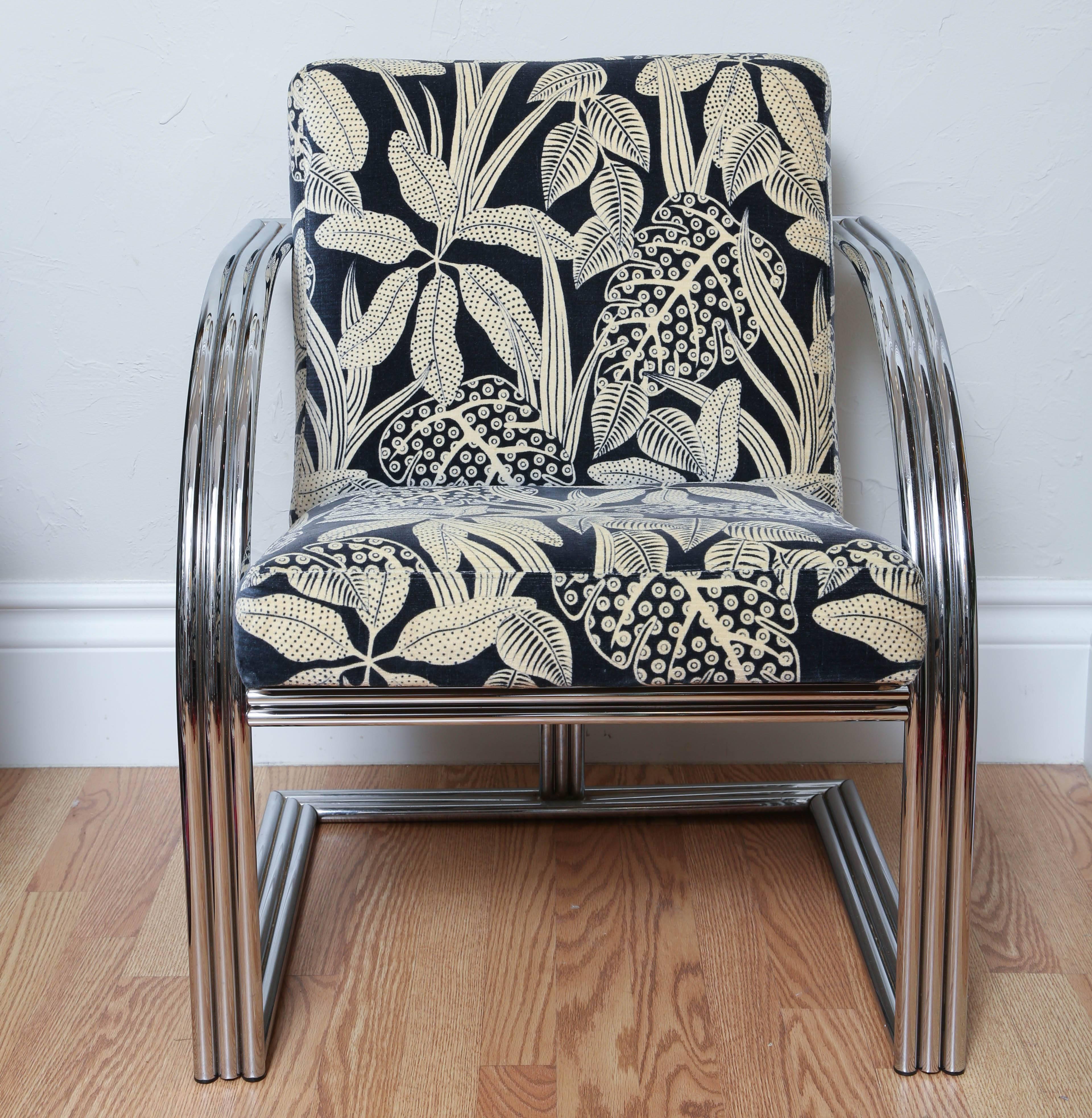Art Deco style triple chrome band armchair by Milo Baughman for Thayer Coggin. Original fabric.