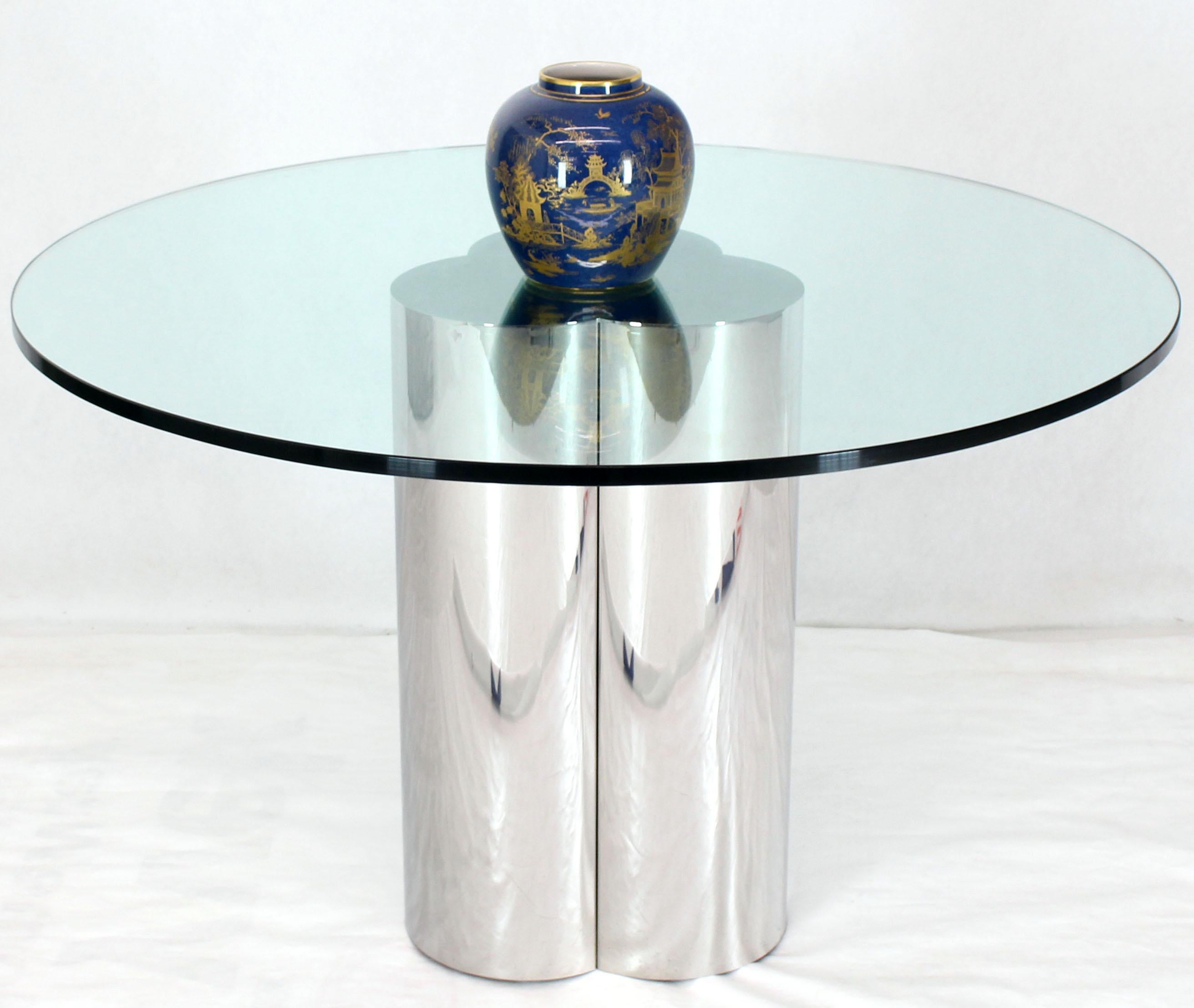 20th Century Triple Chrome Cylinder Base Glass Top Round Center Dining Conference Table