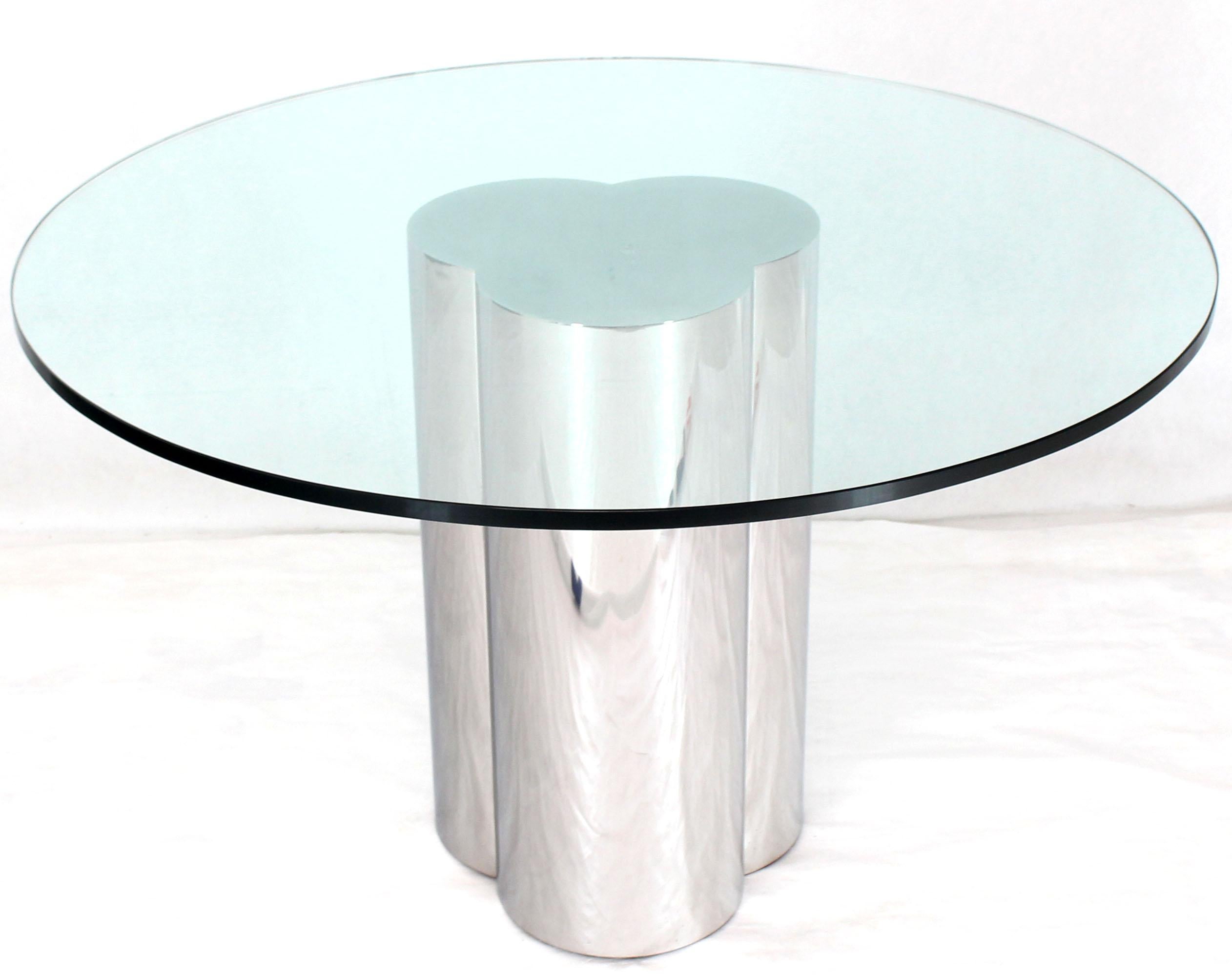 Mid-Century Modern Triple Chrome Cylinder Base Glass Top Round Center Dining Conference Table