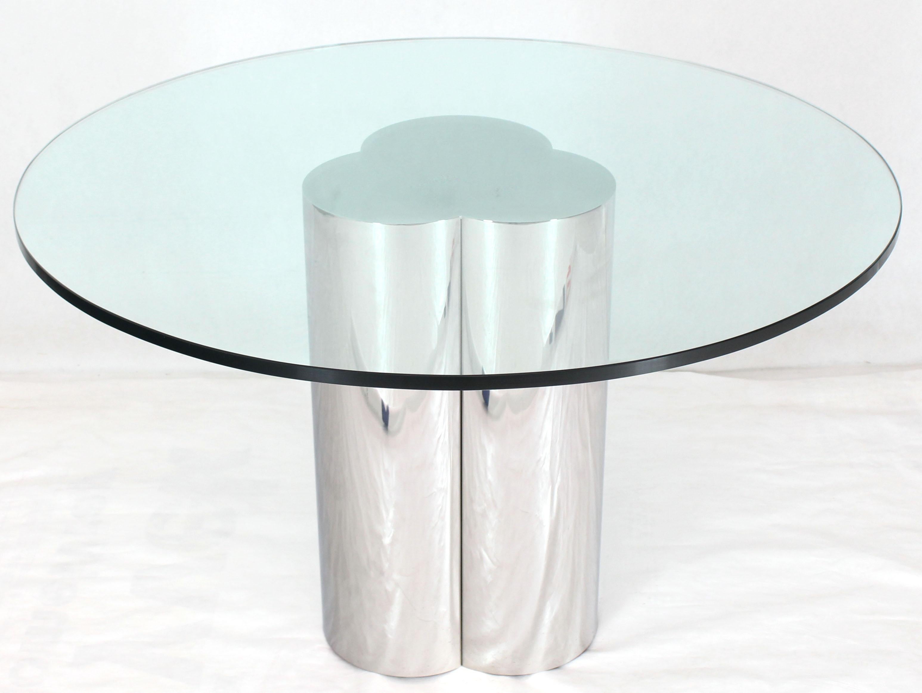 Triple Chrome Cylinder Base Glass Top Round Center Dining Conference Table In Excellent Condition In Rockaway, NJ