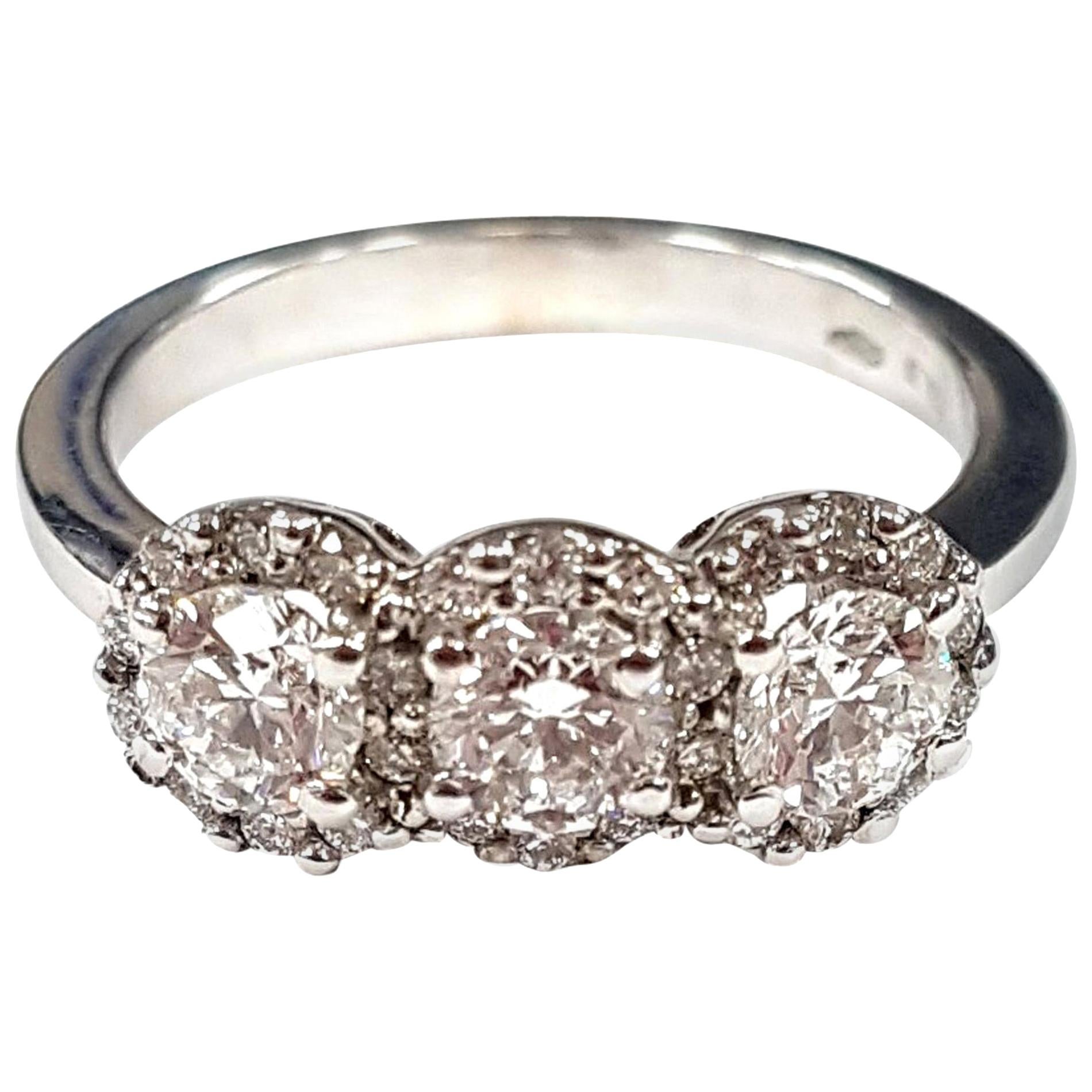 21st Century 18 Karat White Gold Three Cluster Diamond Solitaire Engagement Ring For Sale