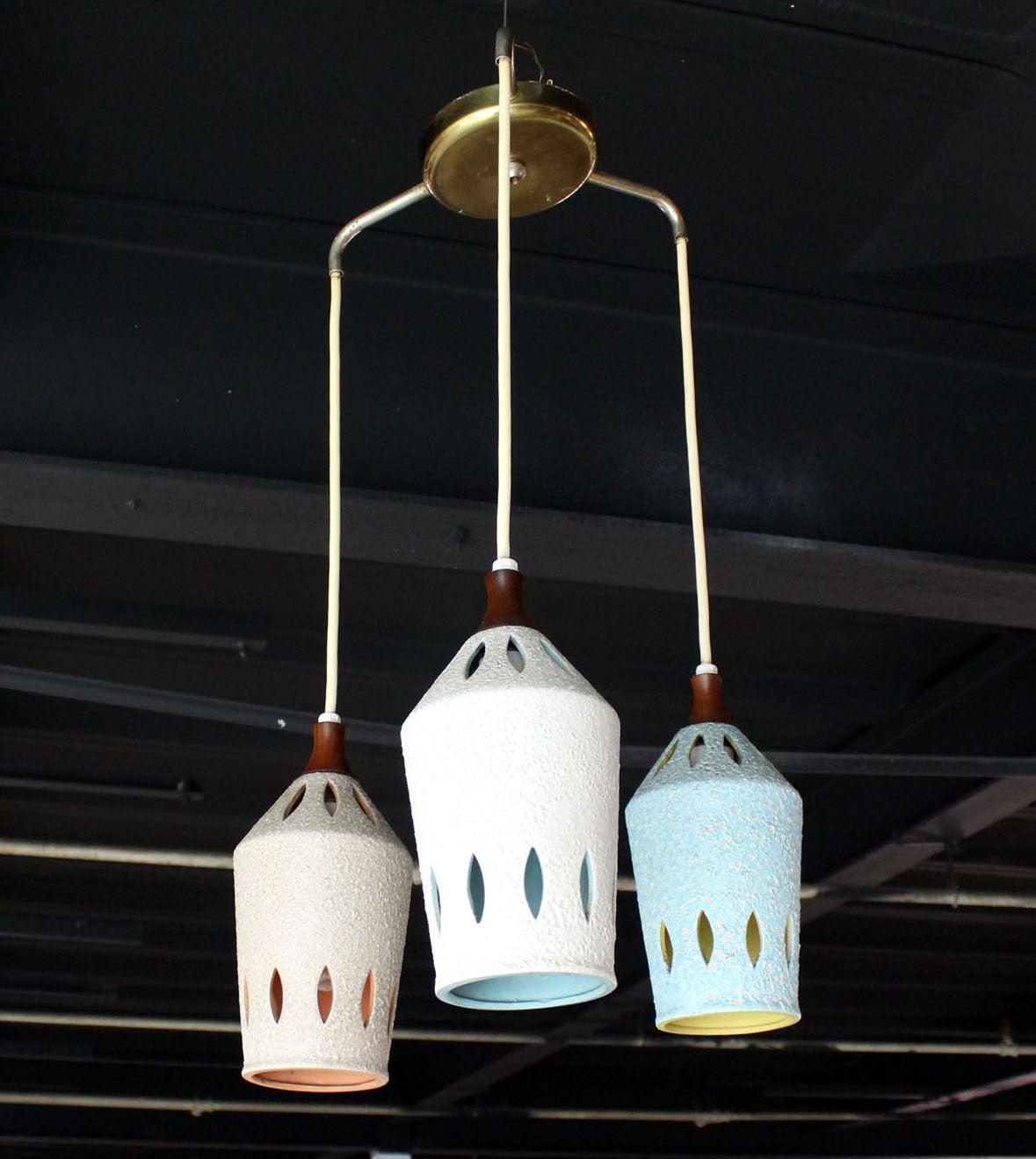 20th Century Triple Colored Glazed Pierced Pottery Ceramic Shades Pendant Light Fixture MINT! For Sale