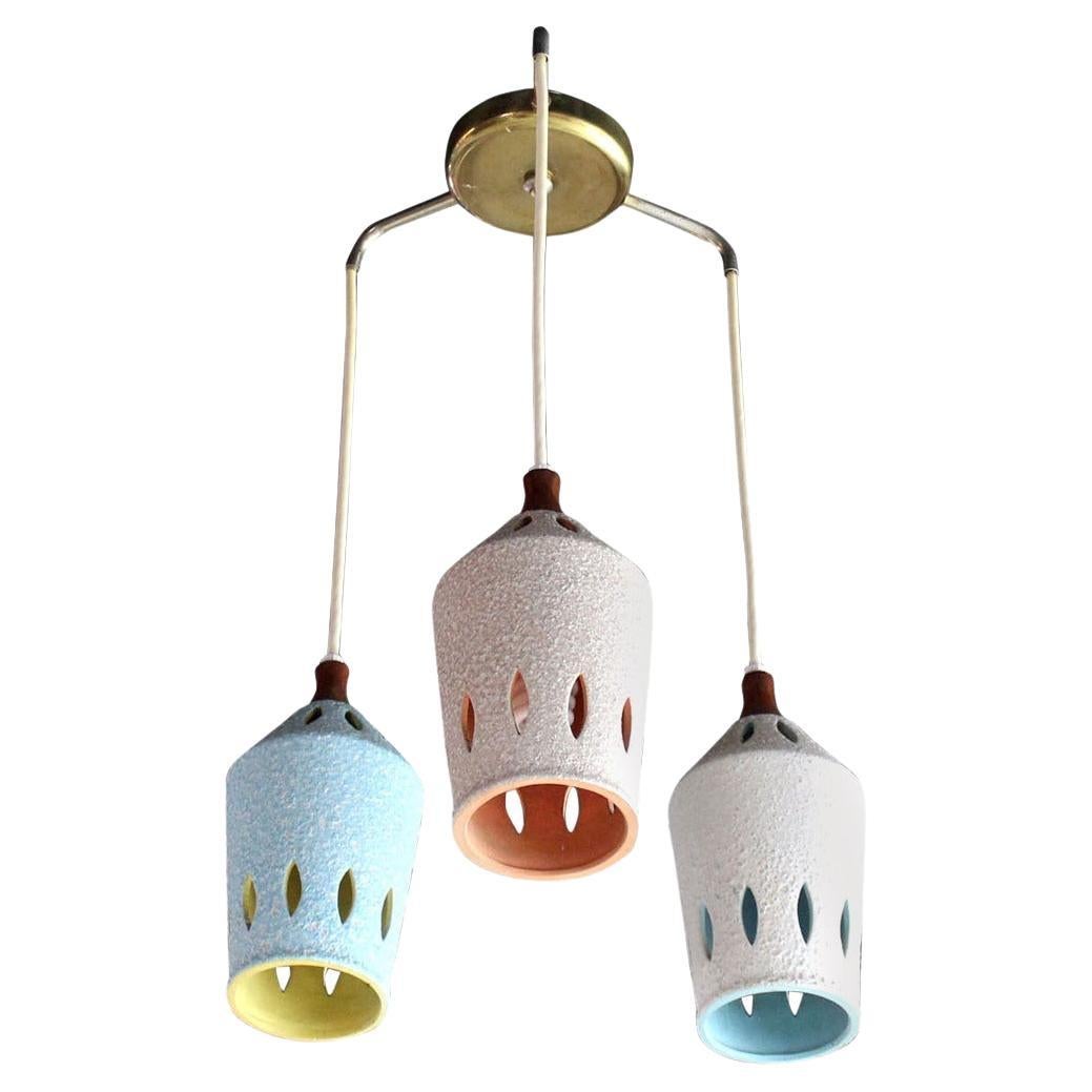 Triple Colored Glazed Pierced Pottery Ceramic Shades Pendant Light Fixture MINT! For Sale