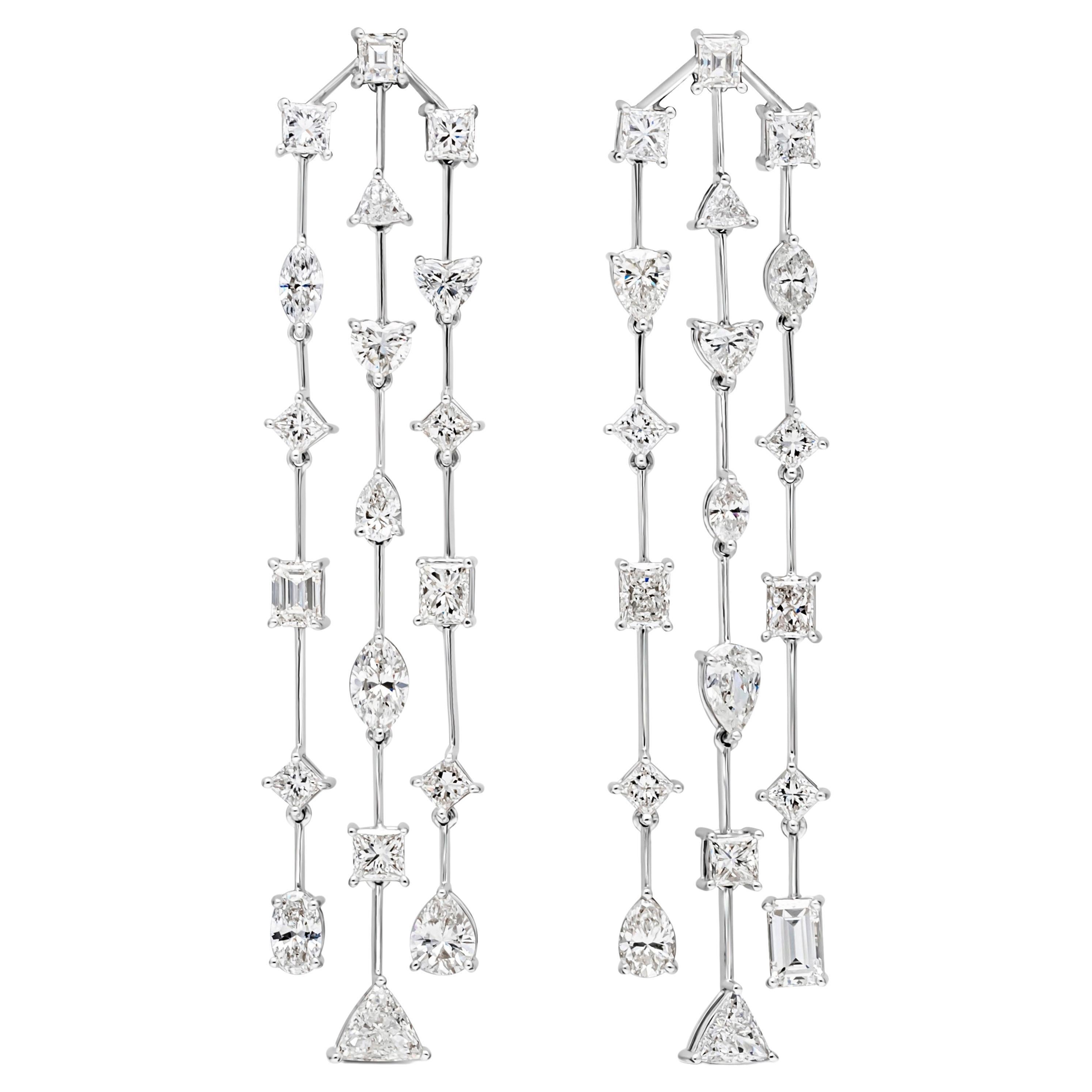 Boucles d'oreilles chandelier de 9,15 carats, triple colonne de diamants taillés en fantaisie
