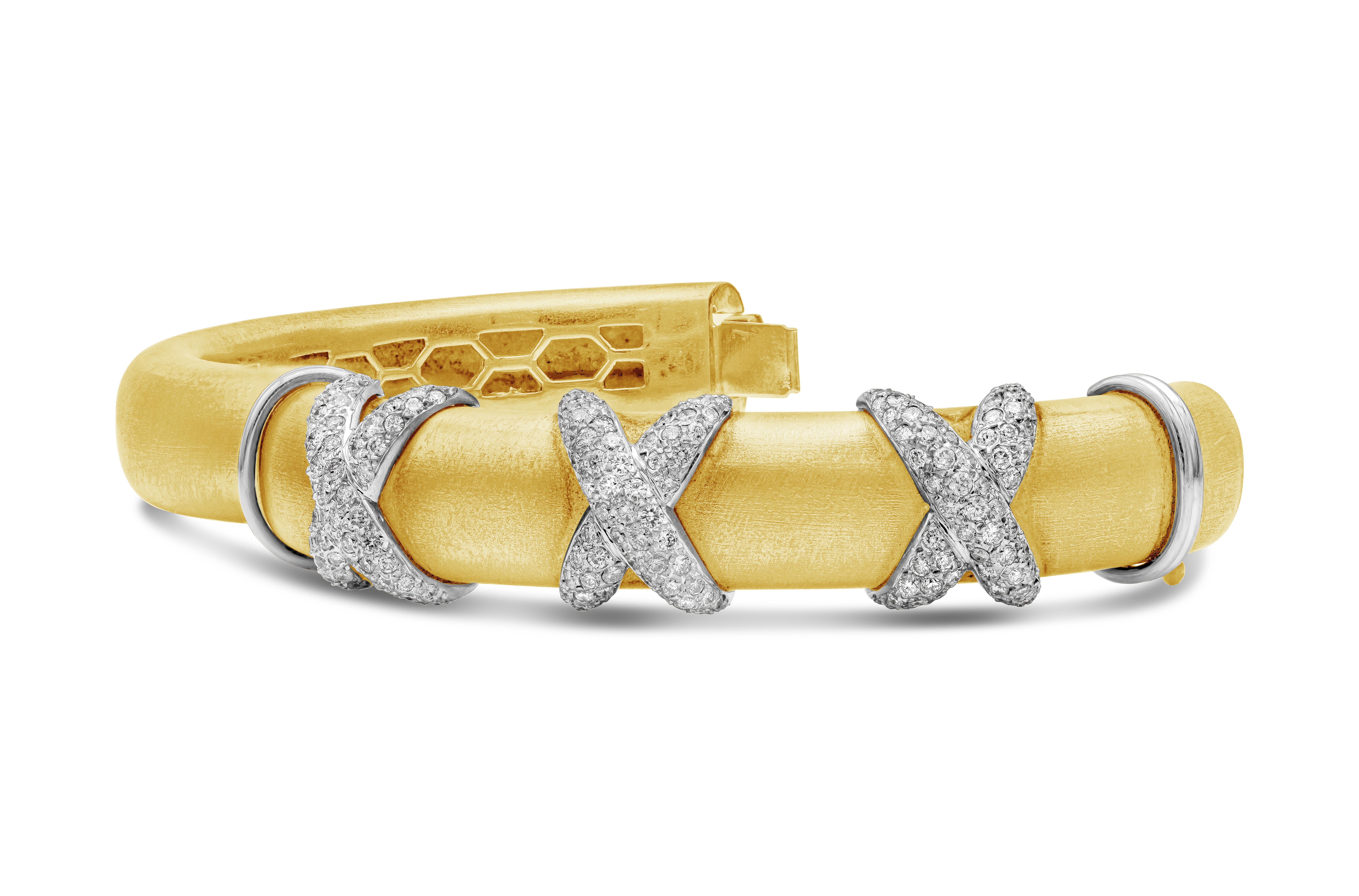 Round Cut Triple Cross Diamond Thick Bangle Bracelet in White Gold & Yellow Gold For Sale