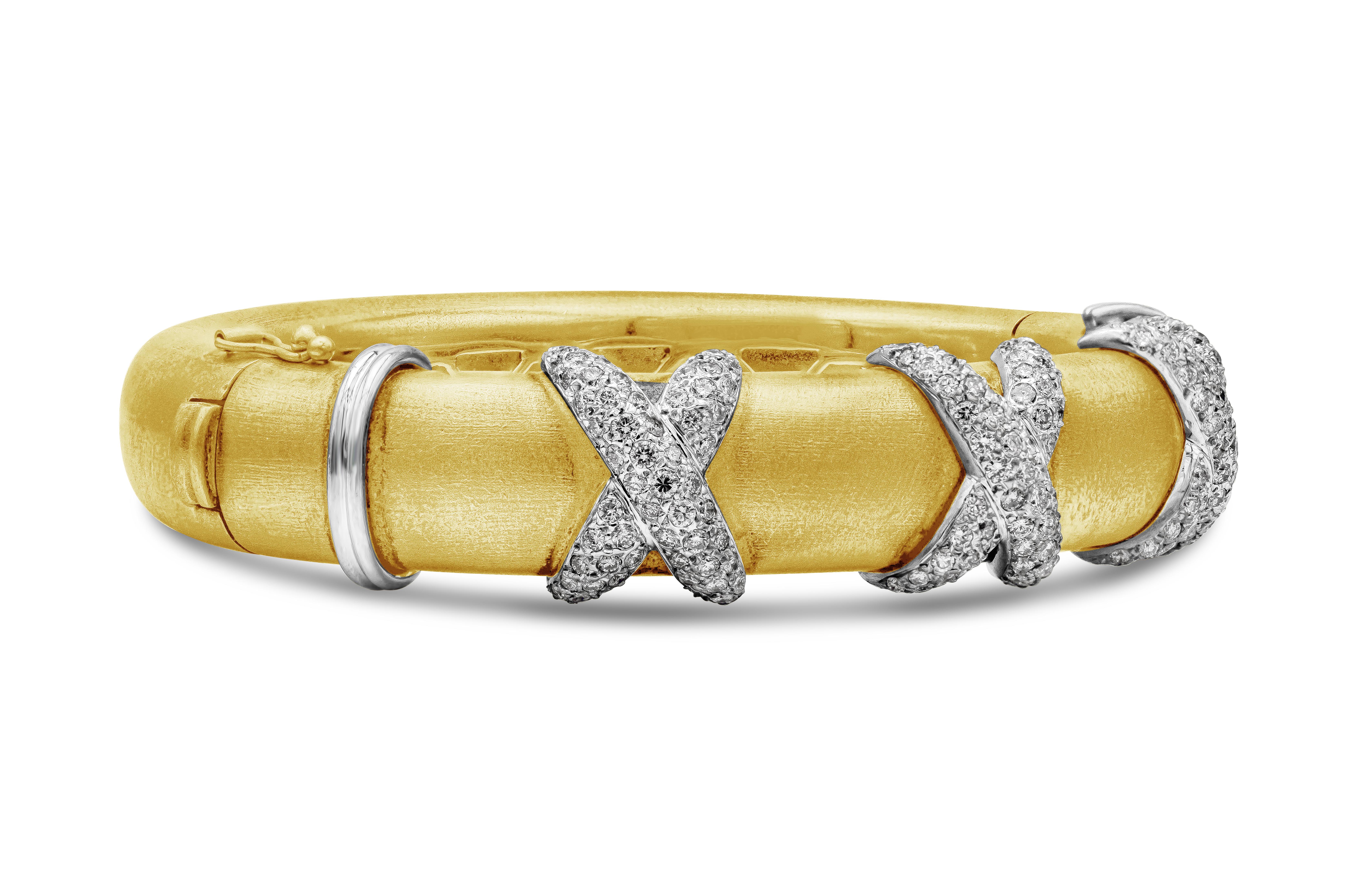 Triple Cross Diamond Thick Bangle Bracelet in White Gold & Yellow Gold In New Condition For Sale In New York, NY