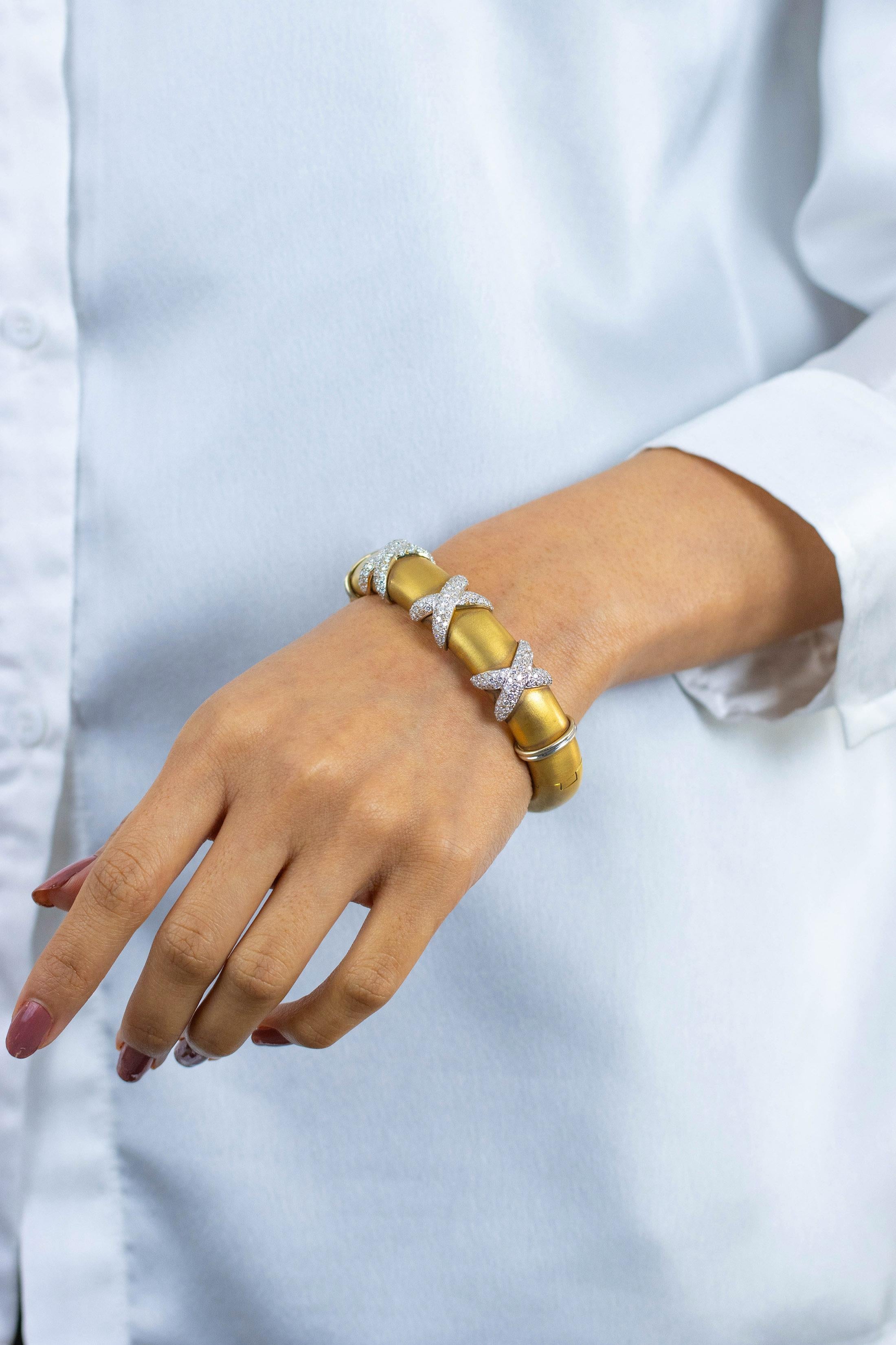 Women's Triple Cross Diamond Thick Bangle Bracelet in White Gold & Yellow Gold For Sale