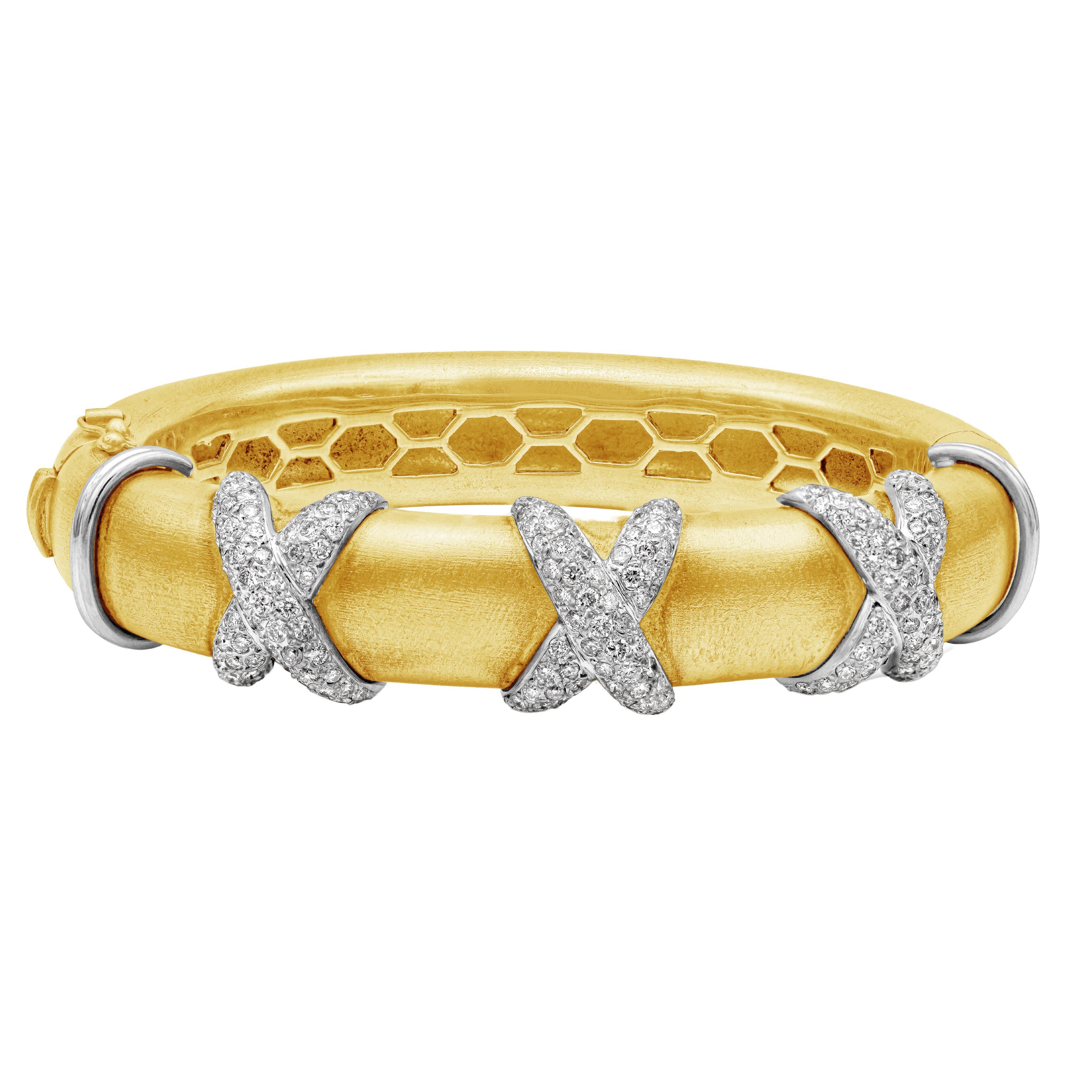 Triple Cross Diamond Thick Bangle Bracelet in White Gold & Yellow Gold For Sale