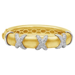 Triple Cross Diamond Thick Bangle Bracelet in White Gold & Yellow Gold