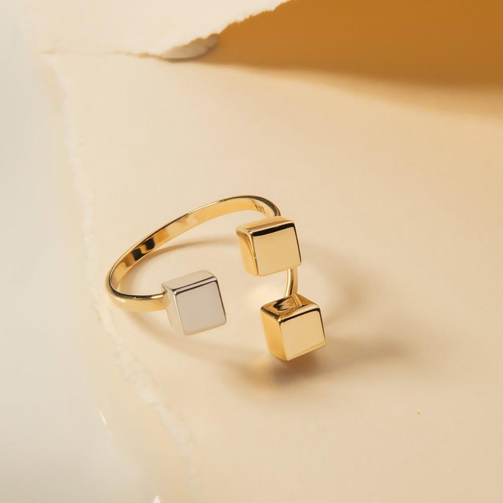 Women's Triple Cubes Open Ring in 14K Solid Yellow Gold For Sale