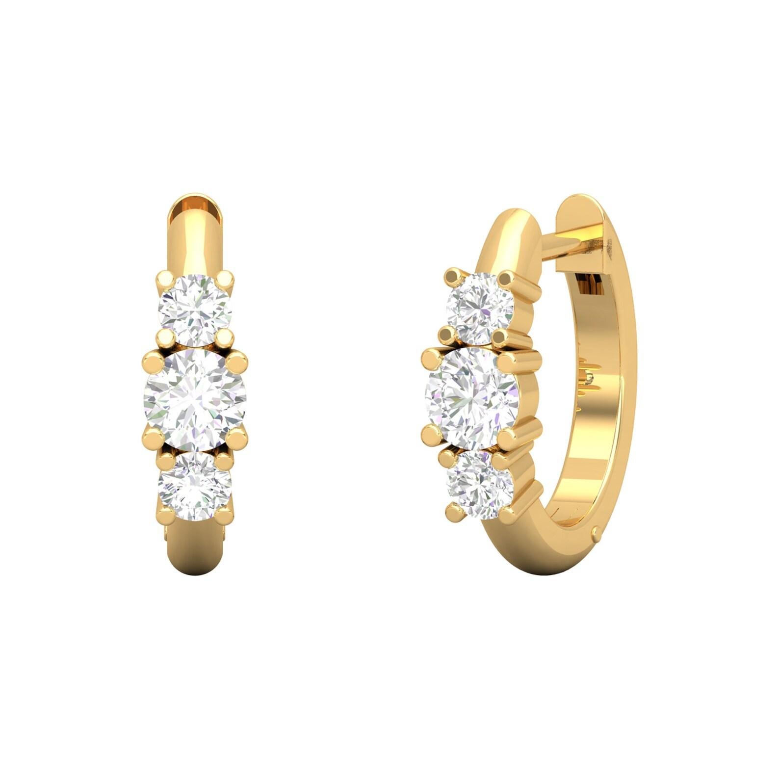 Modern Triple Diamond 14 Karat Gold Huggie Hoop Earrings For Sale