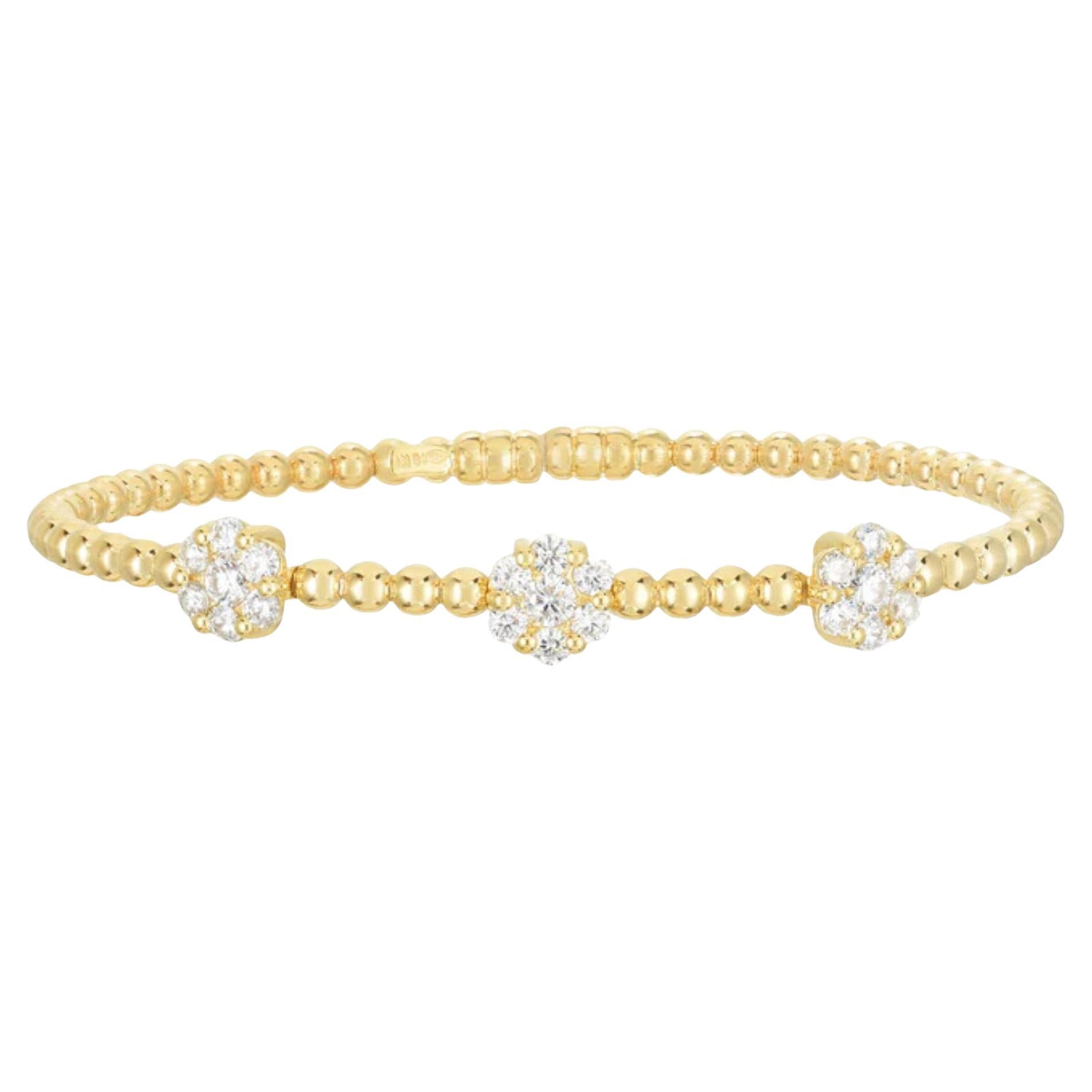 Triple Diamond Cluster Bangle Bracelet in 18K Yellow Gold, Handmade For Sale